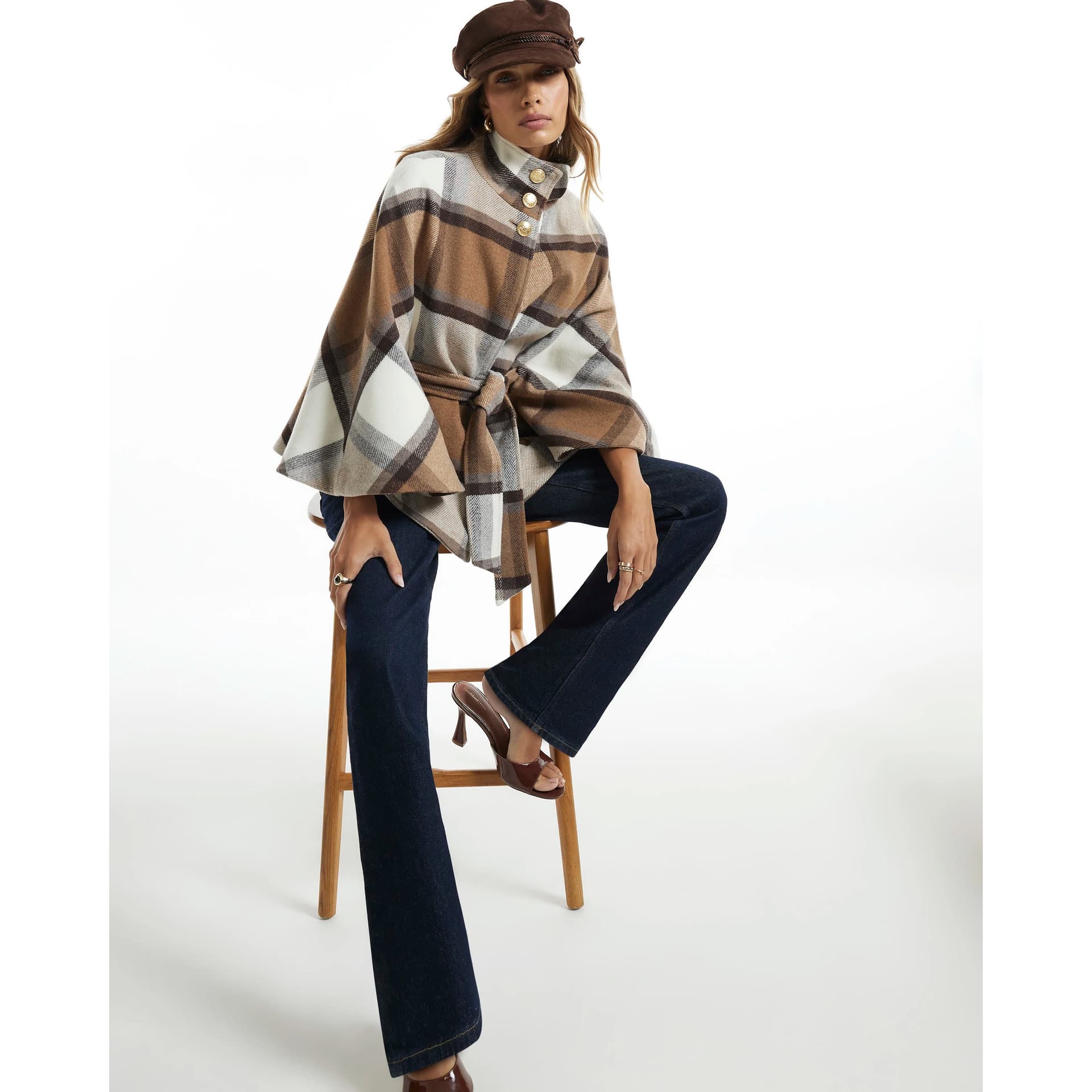 River Island River Island Womens Cream Check Funnel Neck Belted Cape Coat