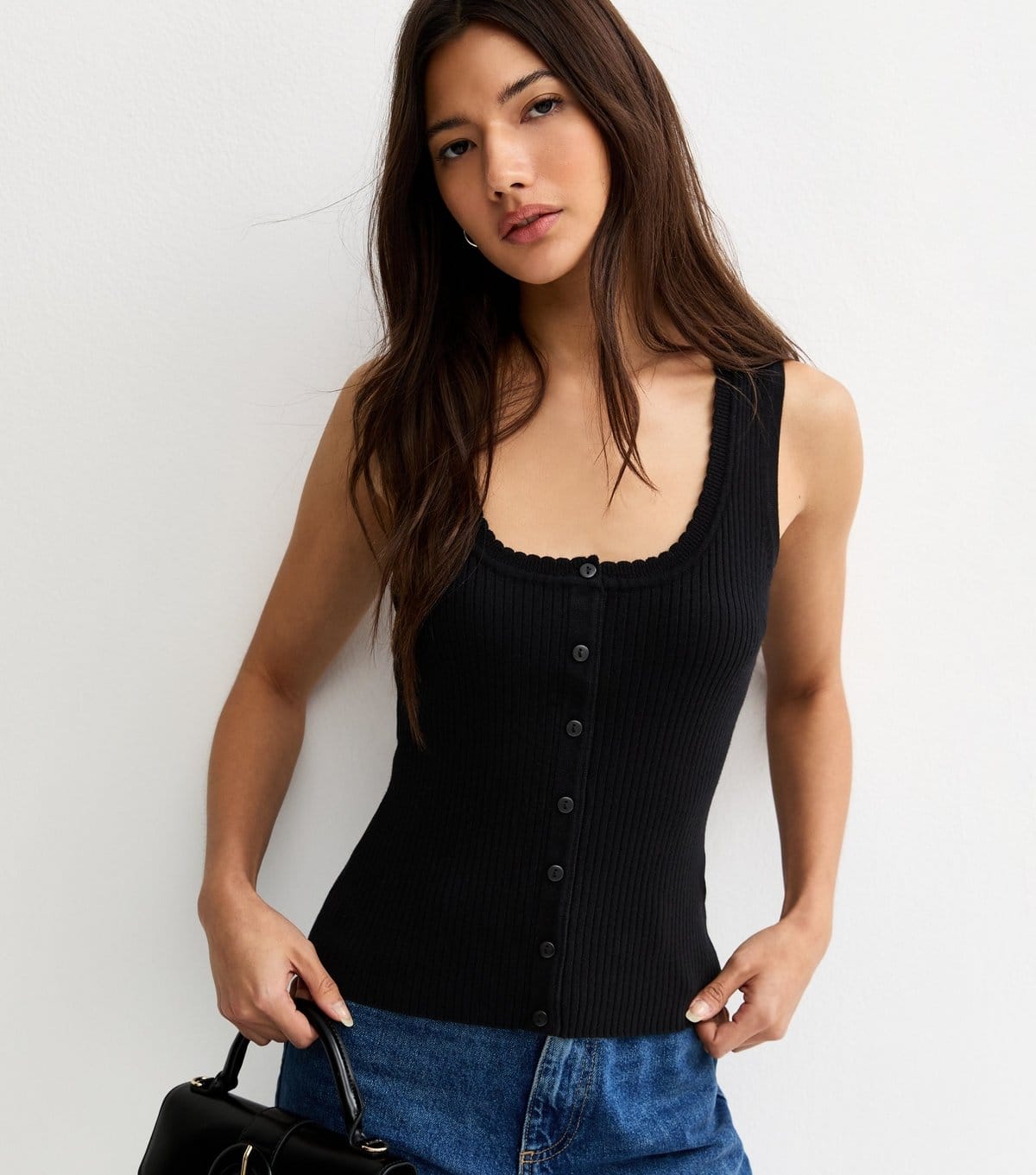 New Look Black Ribbed Knit Scoop Neck Button Front Vest Top