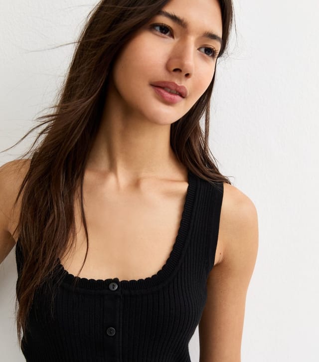 New Look Women's Black Ribbed Knit Scoop Neck Button Front Vest Top New Look - 2