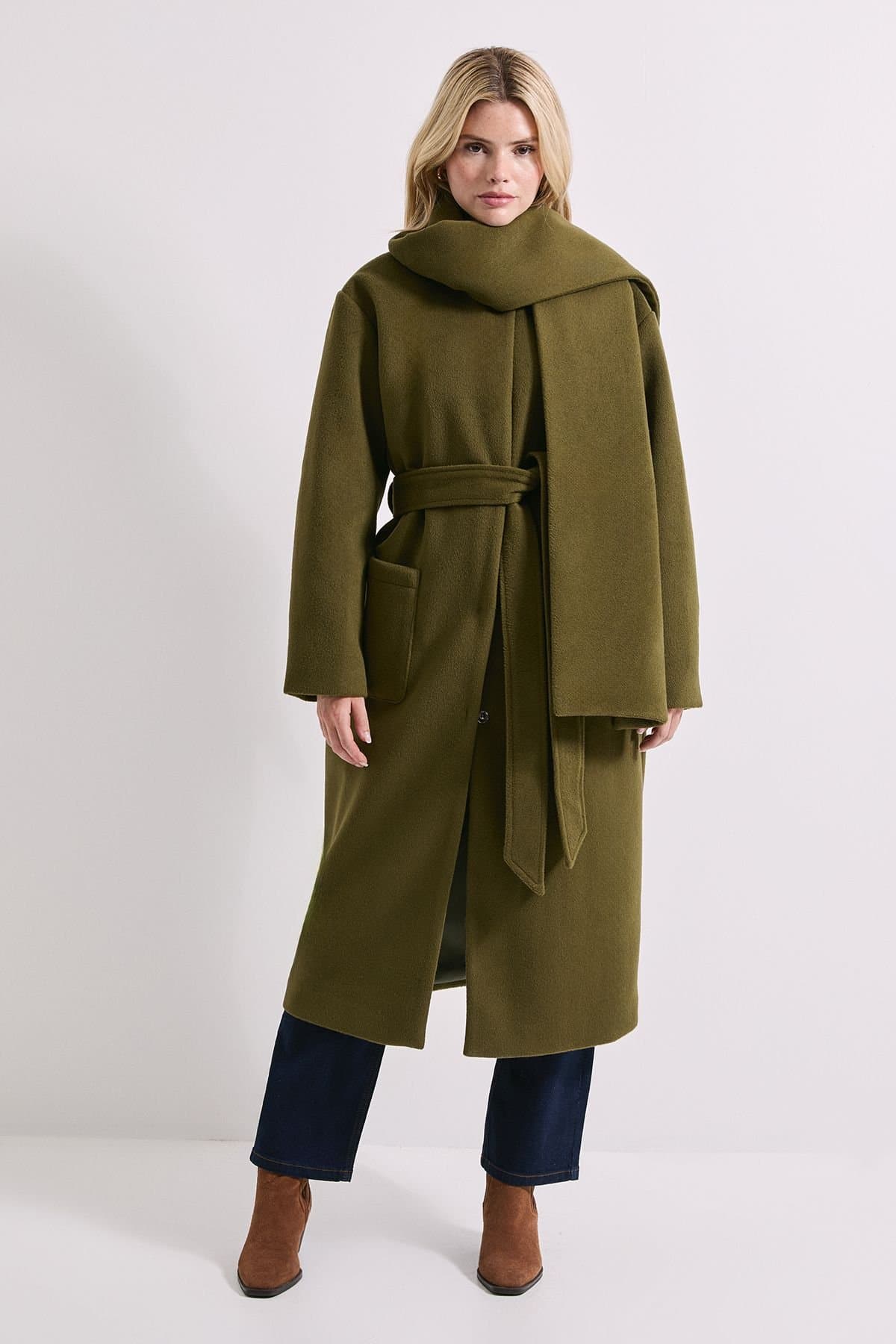 Dorothy Perkins Dorothy Perkins Olive Belted Round Neck Scarf Coat