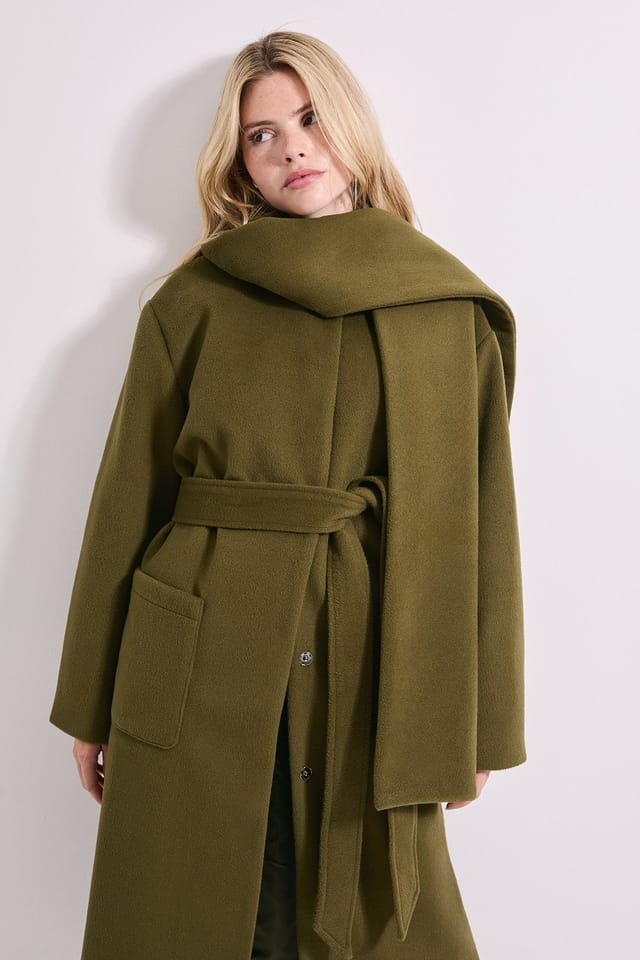 Dorothy Perkins Dorothy Perkins Women's Belted Round Neck Scarf Coat in Olive - 2