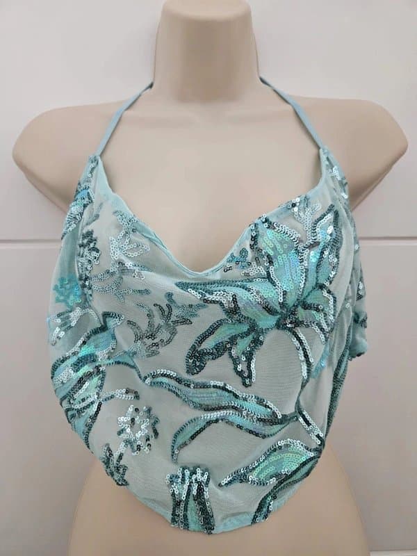 PrettyLittleThing Prettylittlething PLT aqua green sequins embellished cowl neck crop top 12 new party summer