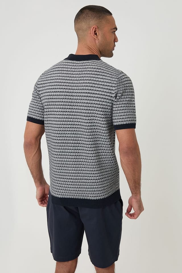Threadbare Threadbare Men's Textured Stripe Short Sleeve Knitted Polo in Navy - 2