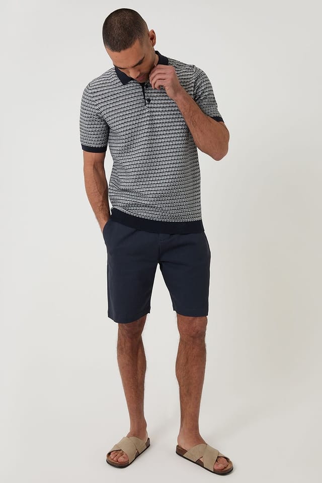 Threadbare Threadbare Men's Textured Stripe Short Sleeve Knitted Polo in Navy - 3