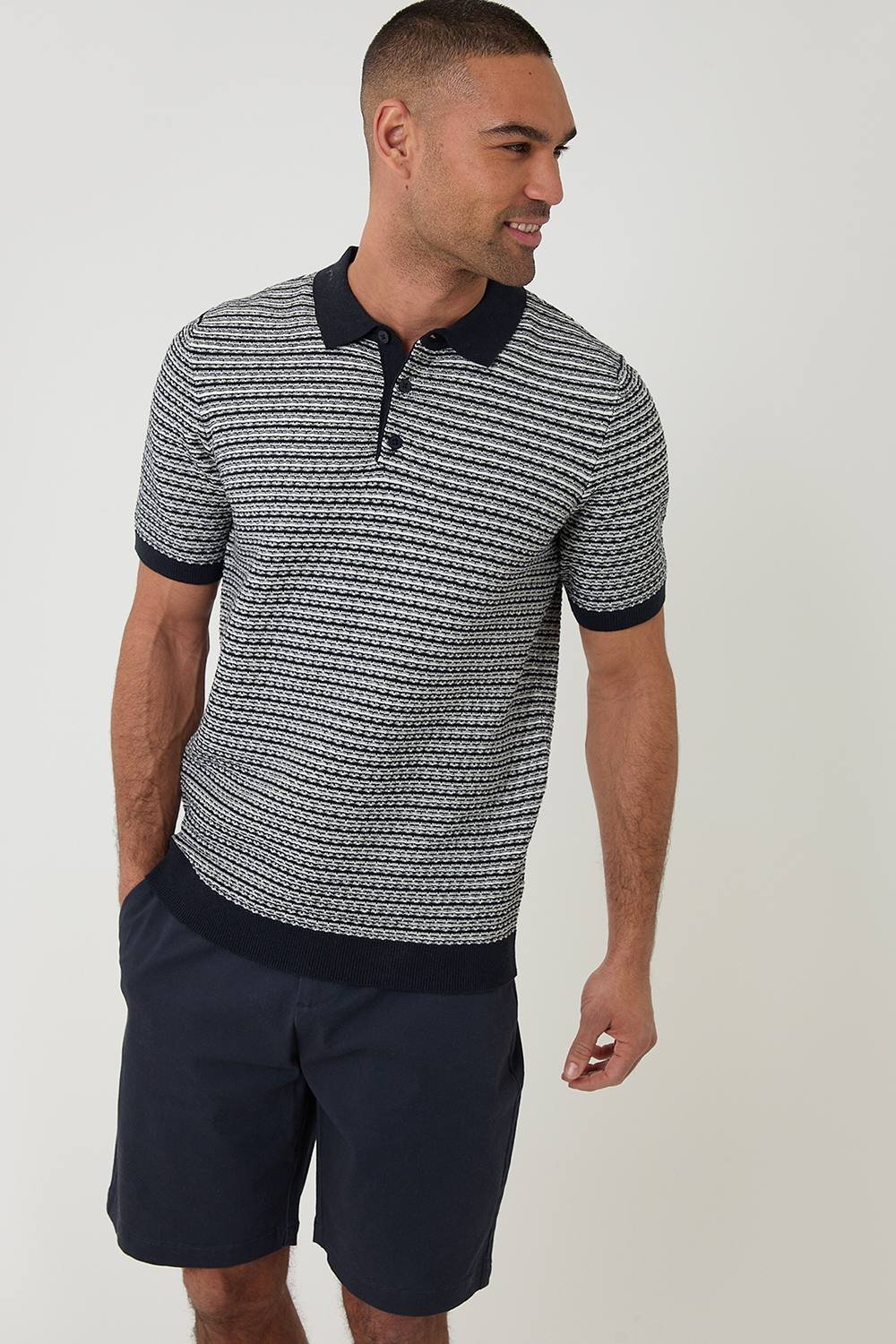 Threadbare Threadbare Men's Textured Stripe Short Sleeve Knitted Polo in Navy - 4