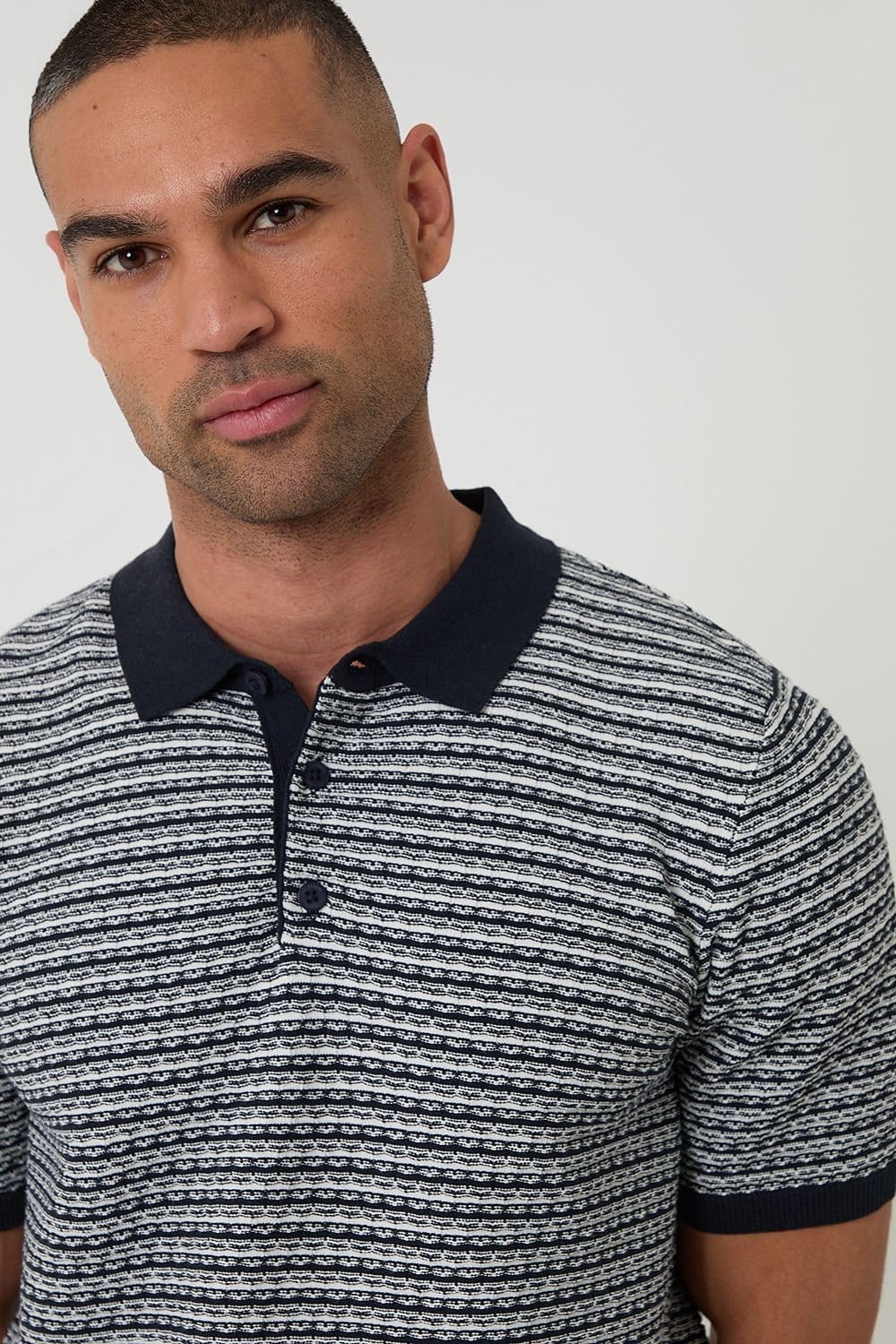 Threadbare Threadbare Men's Textured Stripe Short Sleeve Knitted Polo in Navy - 4