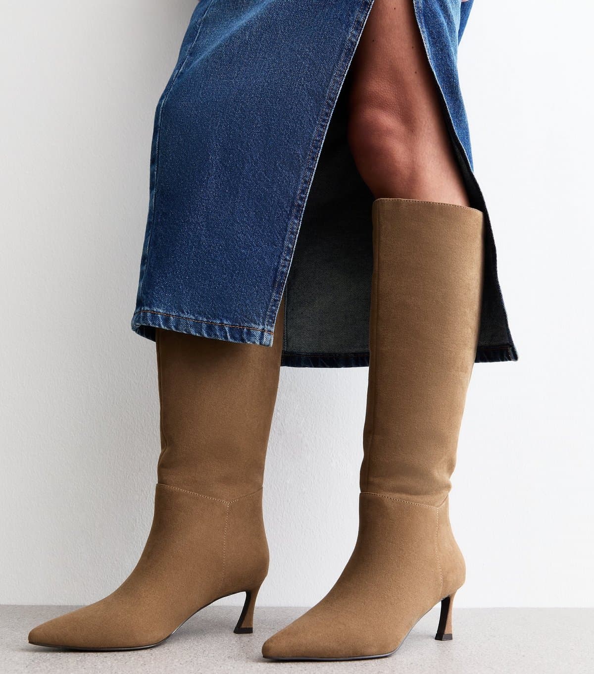 New Look Women's Camel Faux Suede Heeled Knee High Boots Vegan New Look