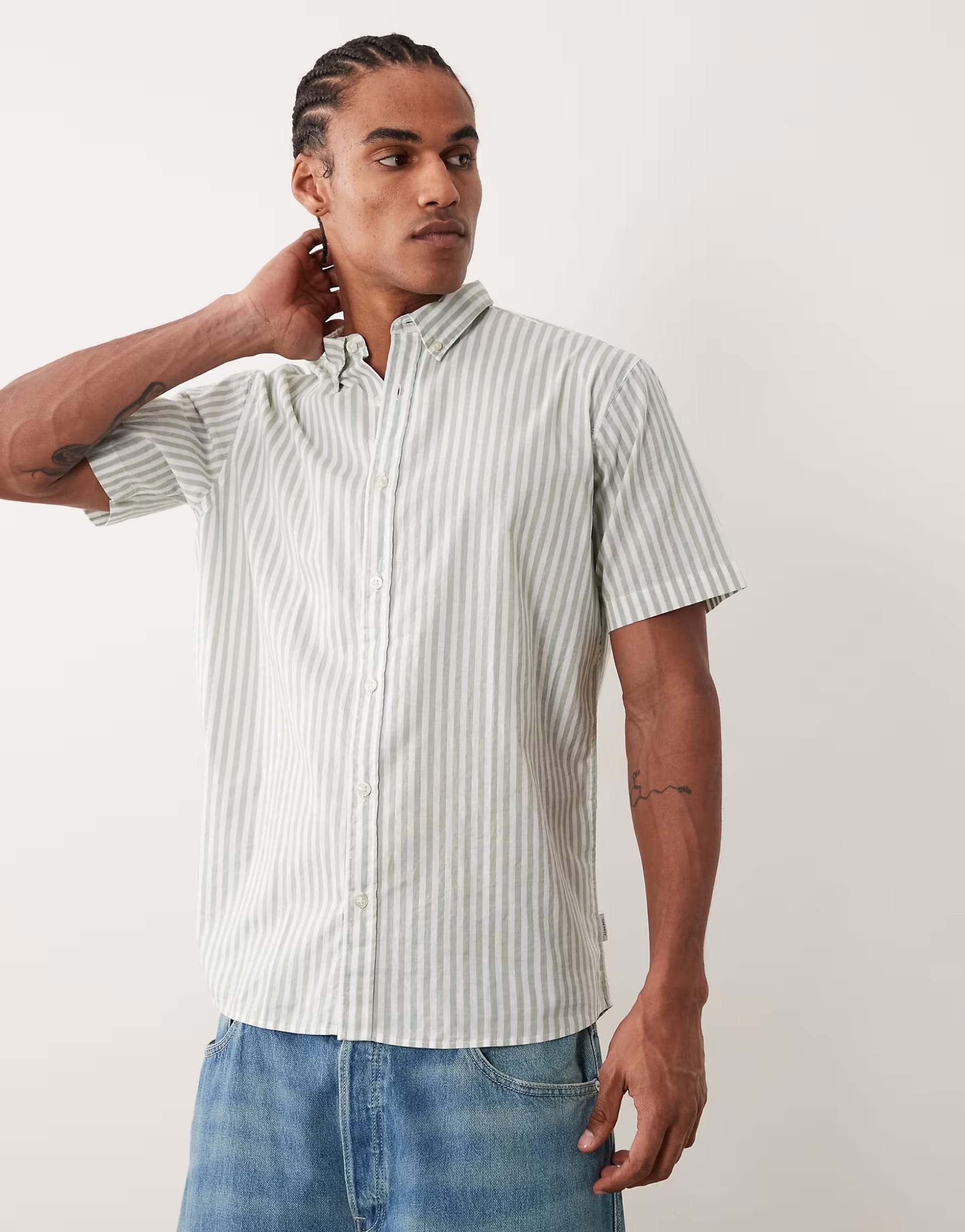ASOS Green Striped Short Sleeve Shirt
