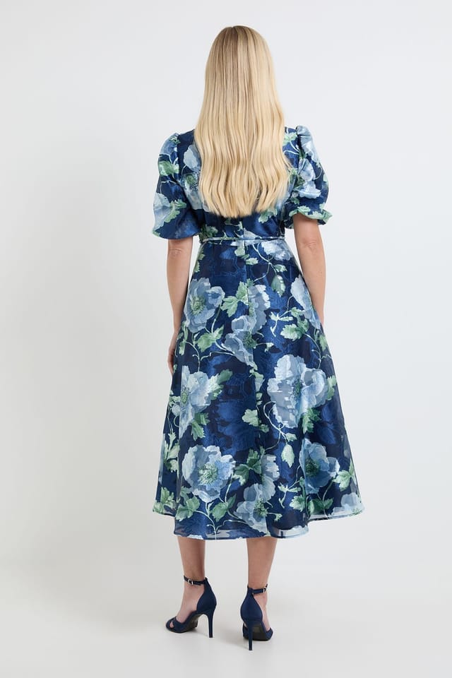 Wallis Wallis Women's Petite Floral Organza Puff Sleeve Midi Dress in Navy - 3