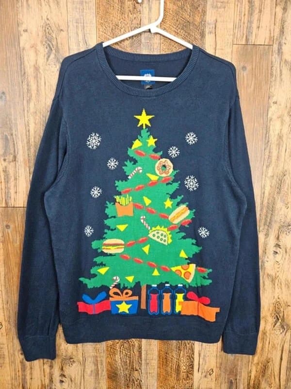 ROUTE 66 Route 66 “Food Tree” Christmas Jumper – Funny Burger Pizza Novelty Knit (L)