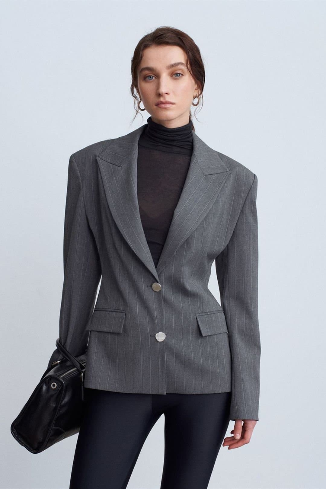 Dilvin Dilvin Mid Grey Crepe Blazer With Shawl Collar