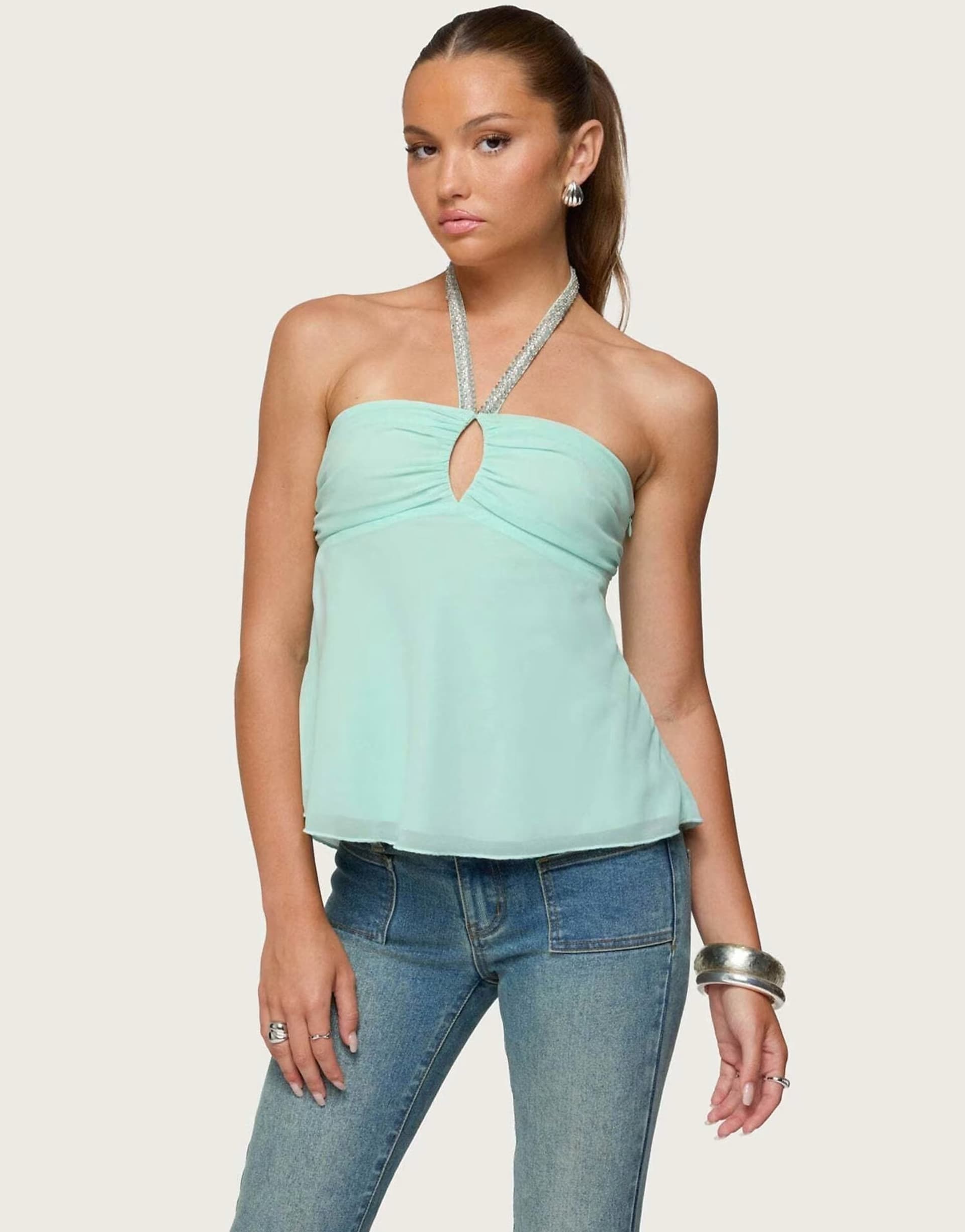 ASOS Edikted Sequin chiffon keyhole halter top in aqua