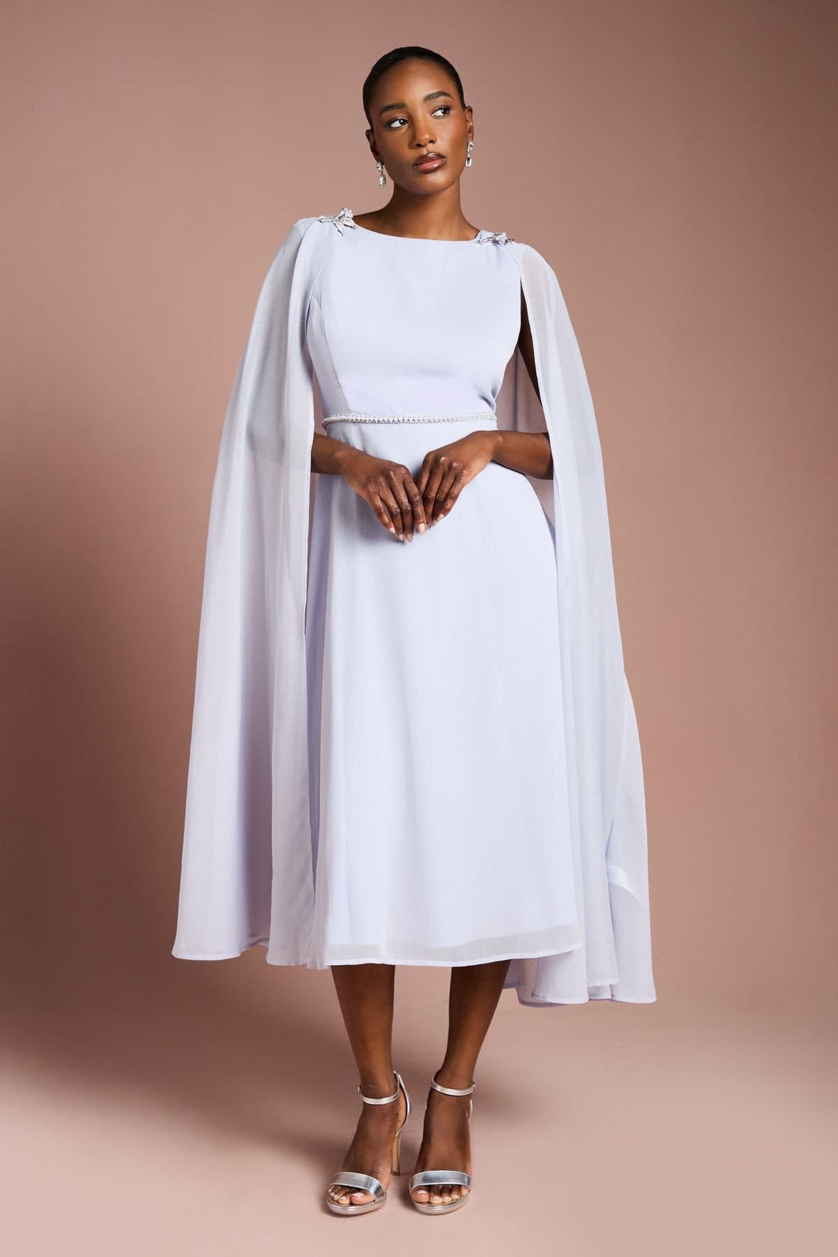 Coast Coast Women's Detachable Cape Georgette Dress with Diamante Broach Detail in Lilac