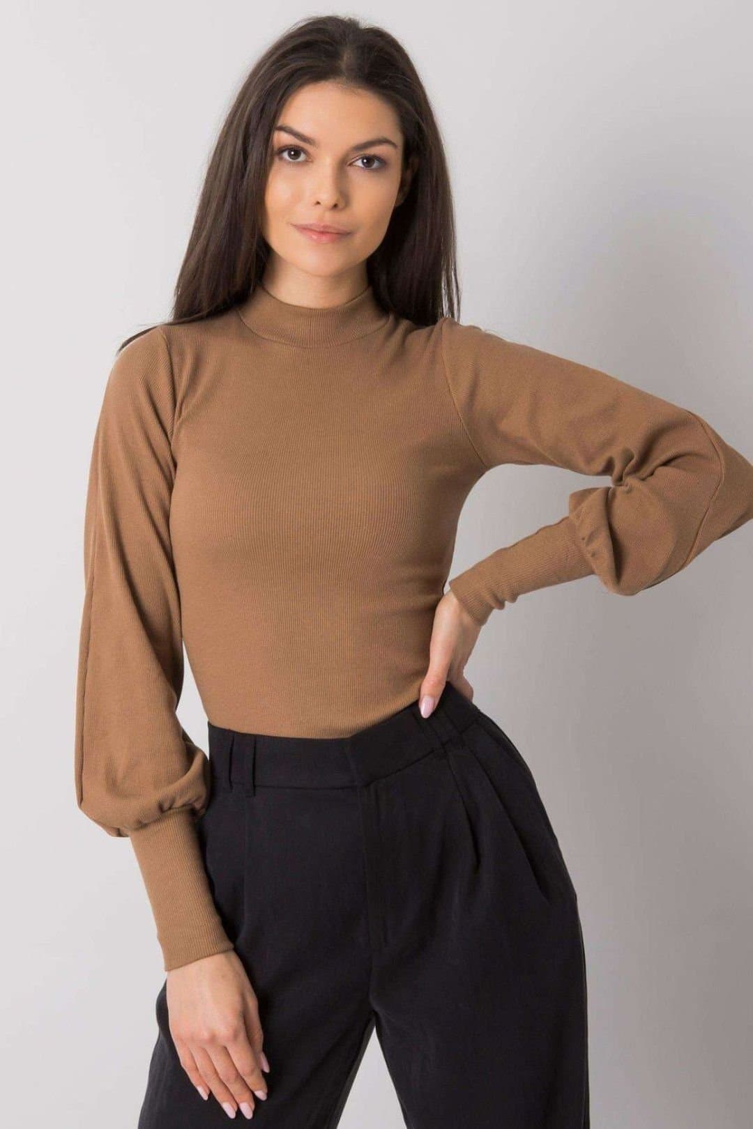 Love Lace Love Lace Women's Ribbed Long Sleeve Blouse with Wide Cuffs Style 168198 in Brown