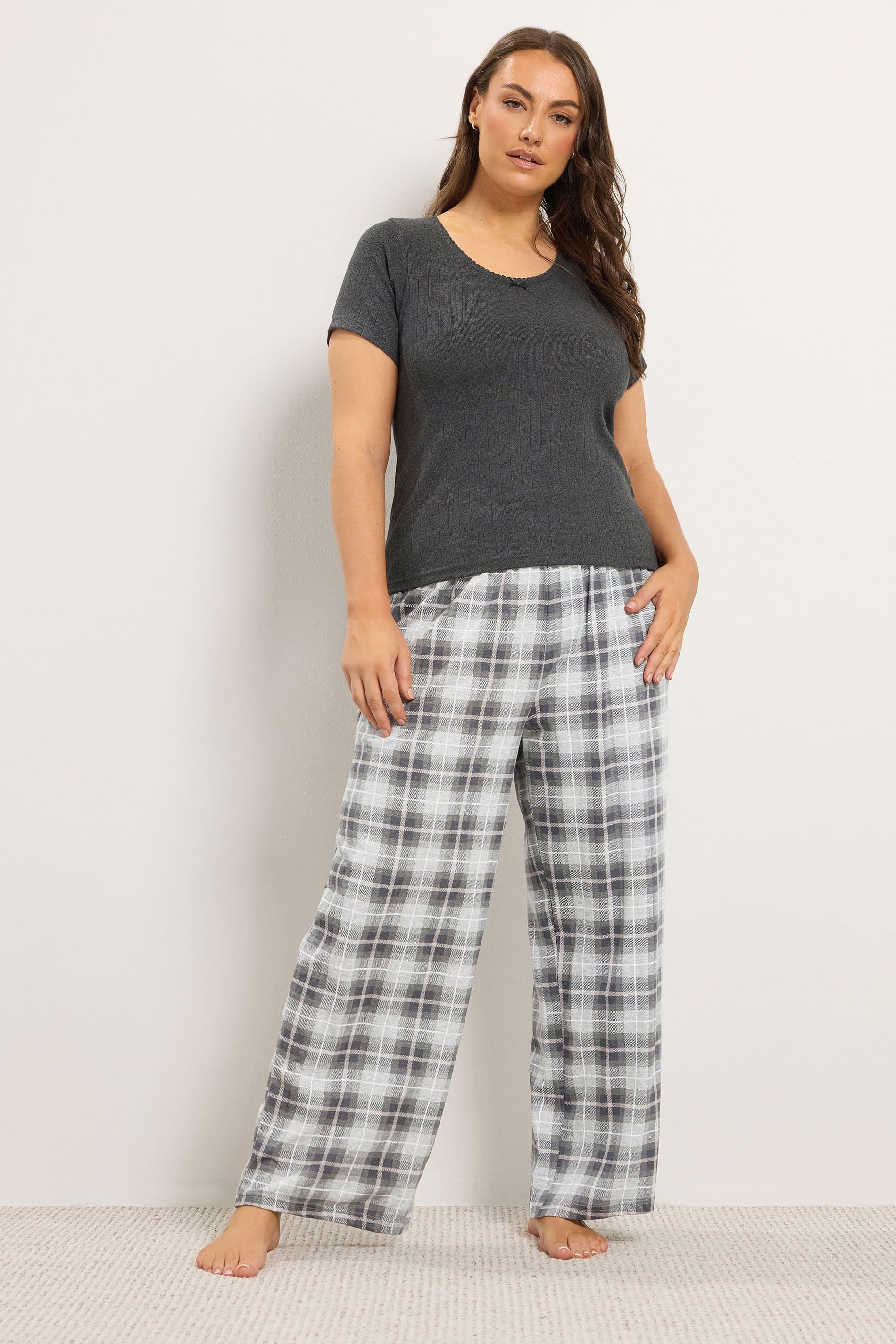 Yours Plus Size Grey Pointelle Checked Extra Wide Leg Pyjama Set