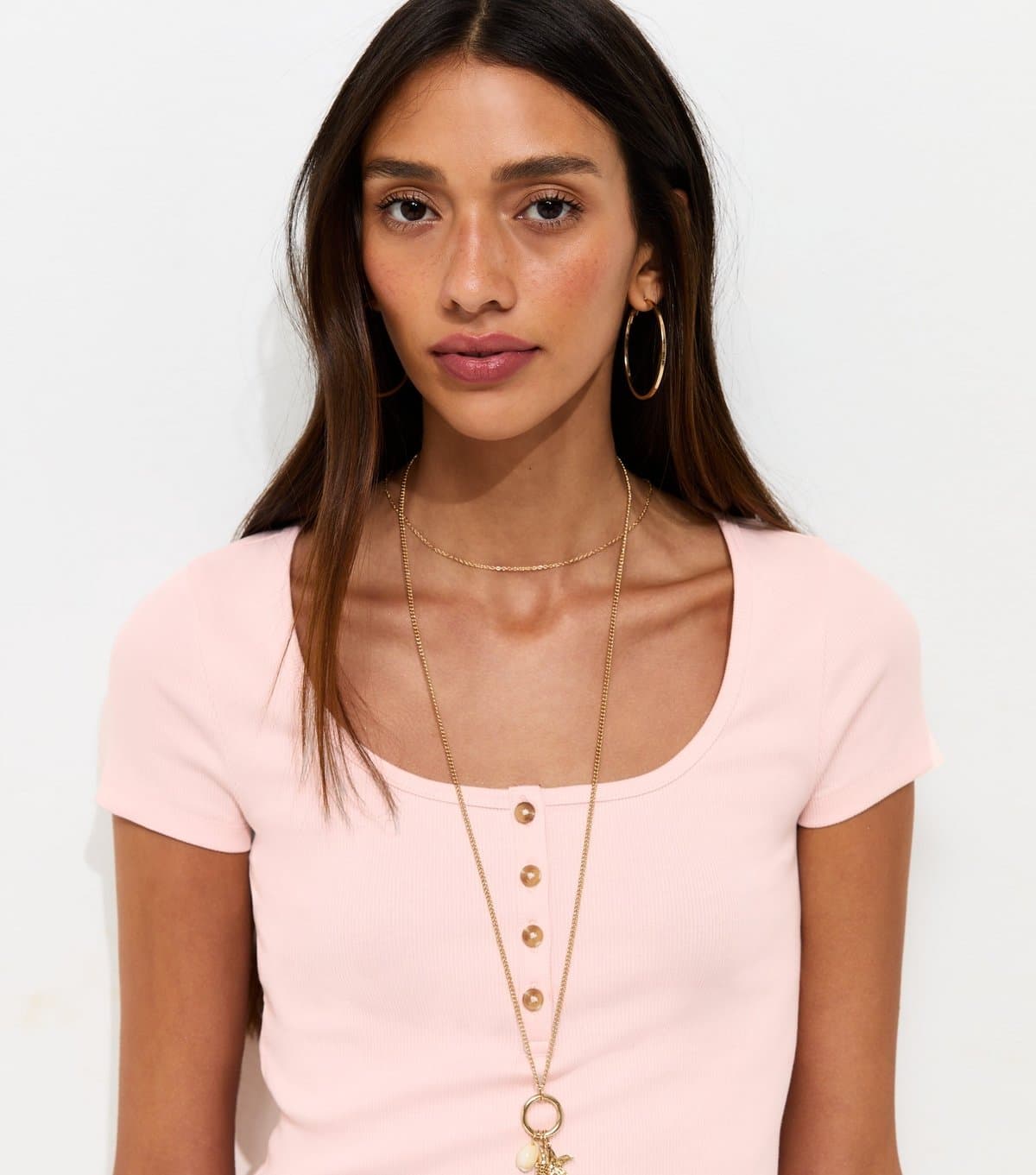 New Look New Look Light Pink Ribbed Henley Tee