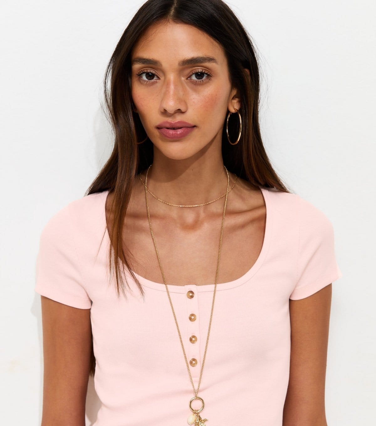 New Look Light Pink Ribbed Henley Tee