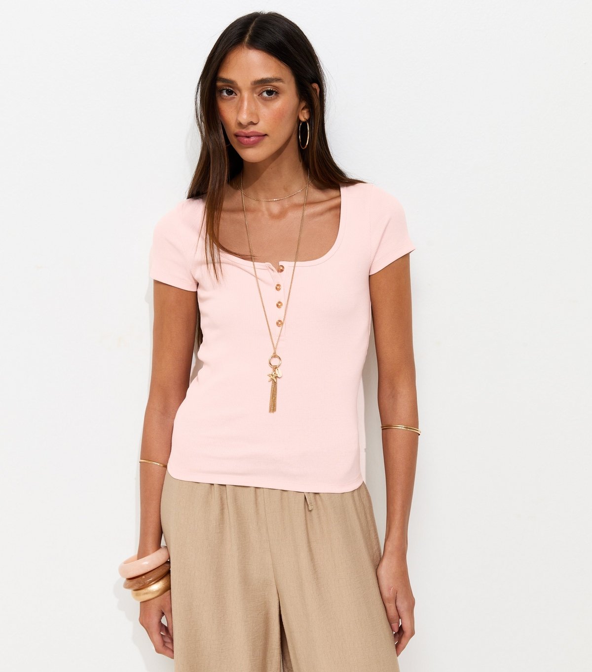 New Look Women's Light Pink Short Sleeve Ribbed Henley Tee New Look - 2