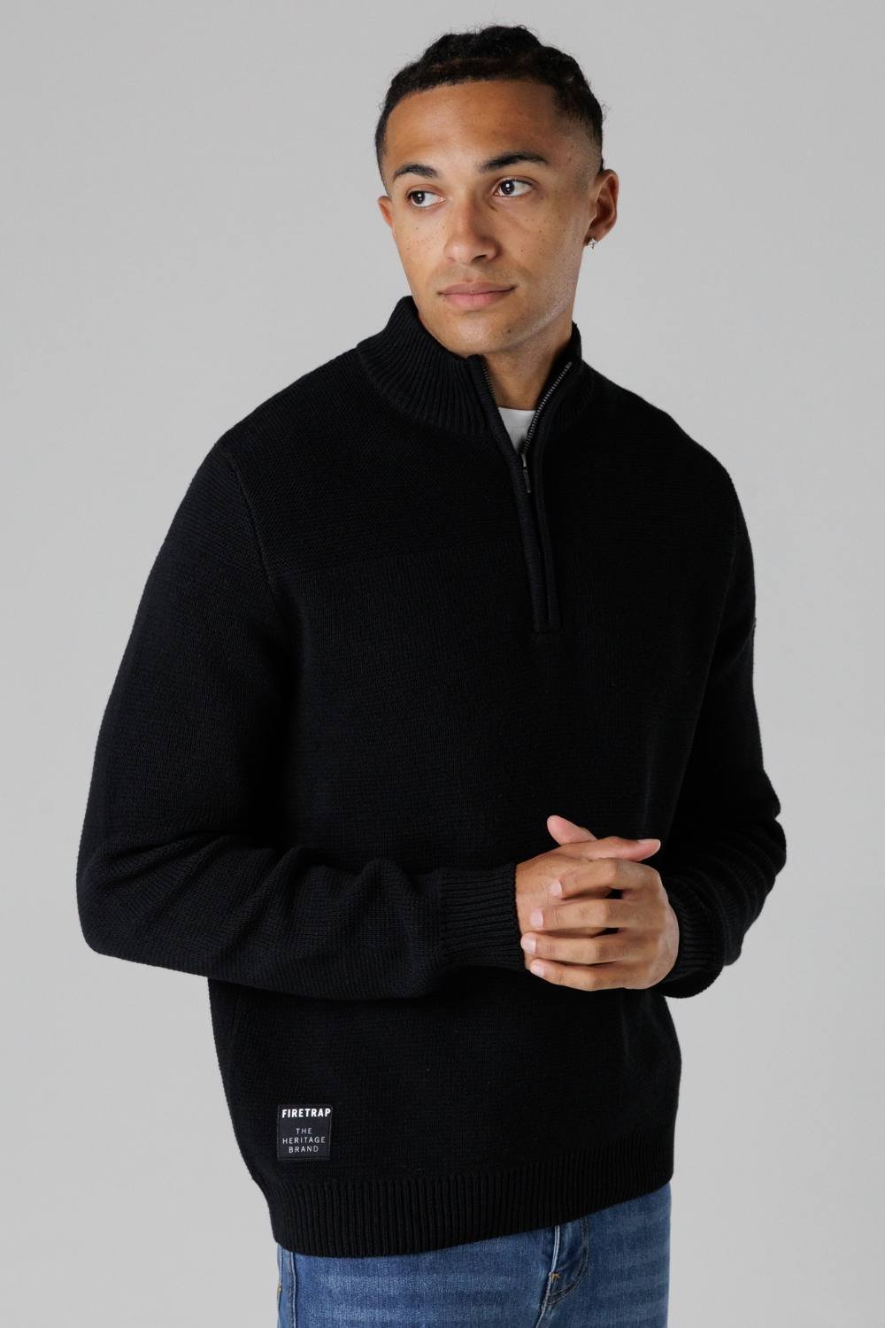 Firetrap Firetrap Men's Cotton Rich Half Zip Funnel Neck Jumper in Black - 2