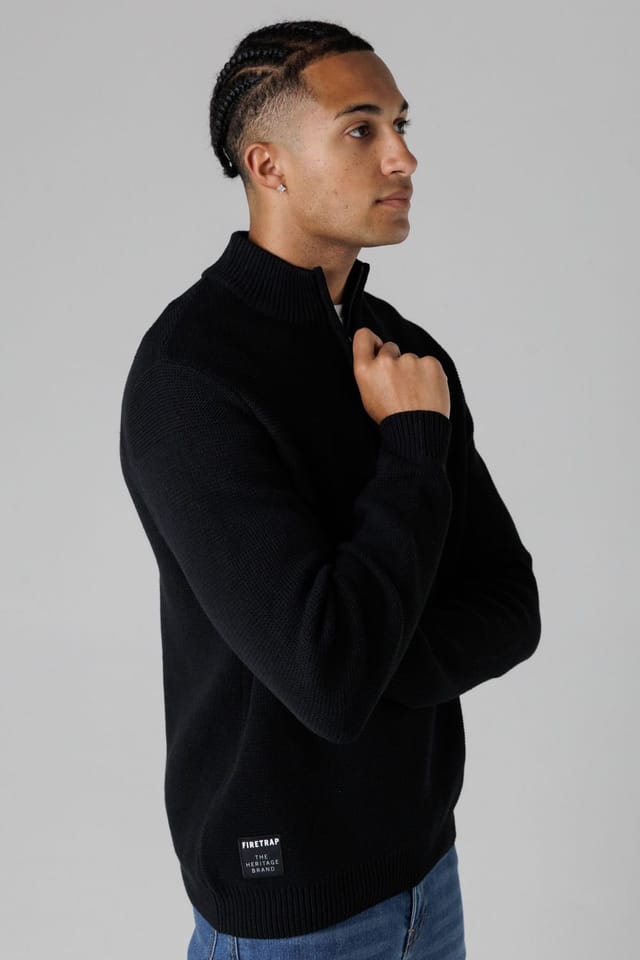 Firetrap Firetrap Men's Cotton Rich Half Zip Funnel Neck Jumper in Black - 3