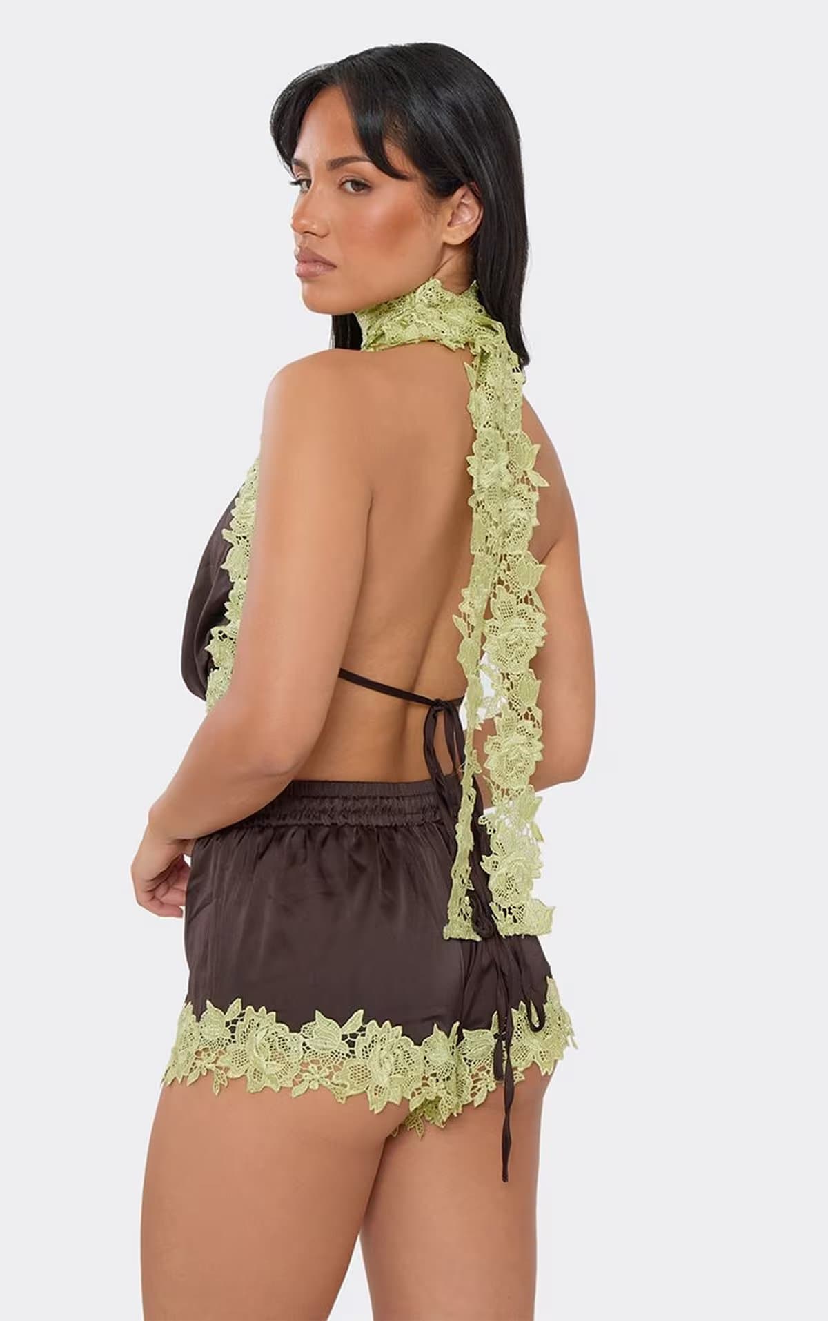 EGO High Neck Cowl Front Contrast Lace Trim Top In Brown, Women's Size UK 6