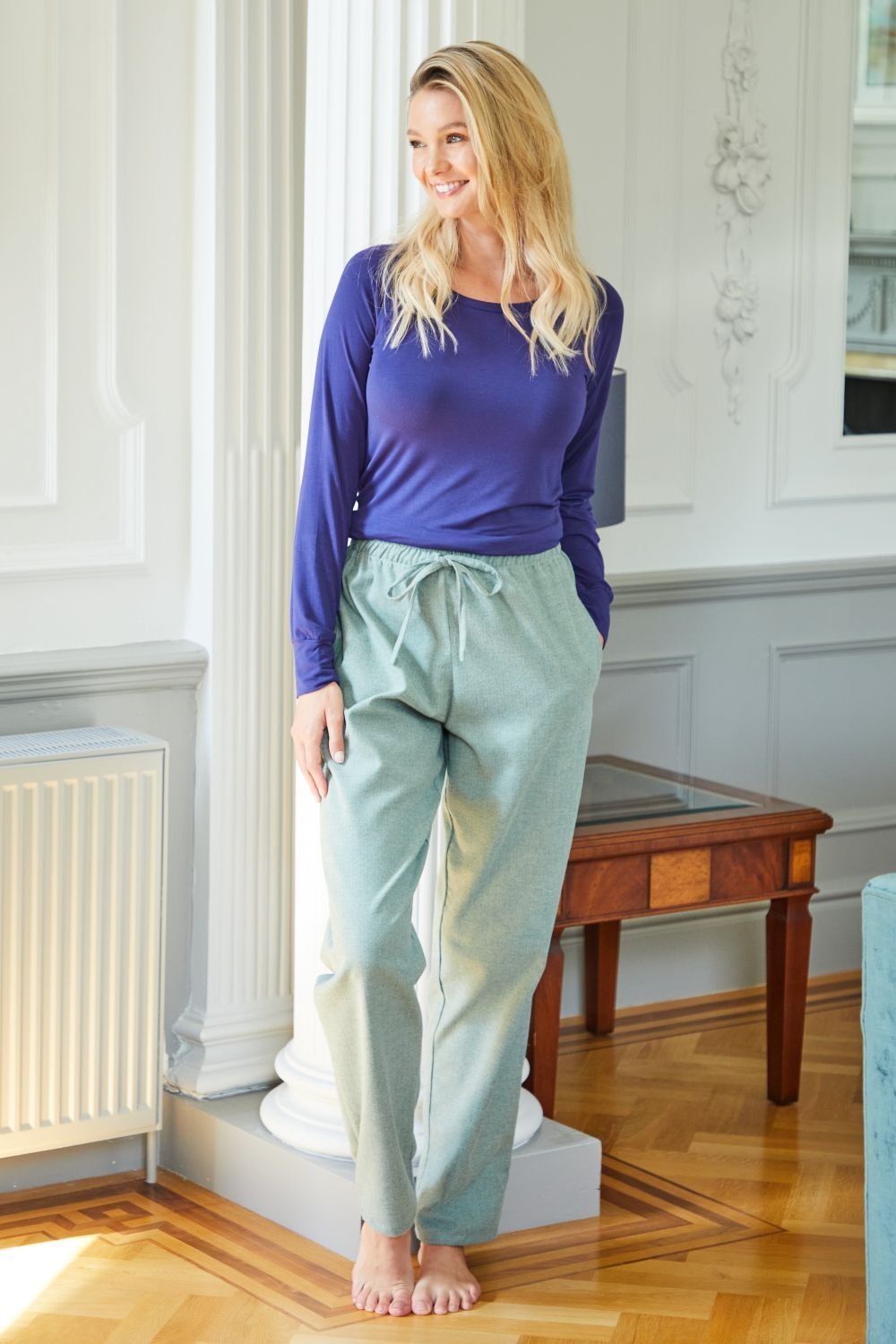 British Boxers British Boxers Women's "Moss" Herringbone Brushed Cotton Pyjama Trousers in Dark Green - 3