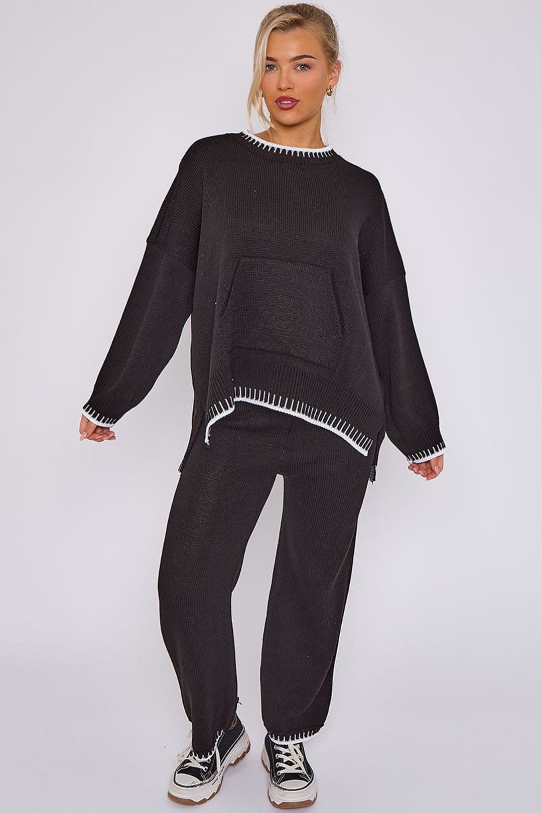 STYLEWISE STYLEWISE Women's Stitch Detail Oversized Knitted Co-ord in Black