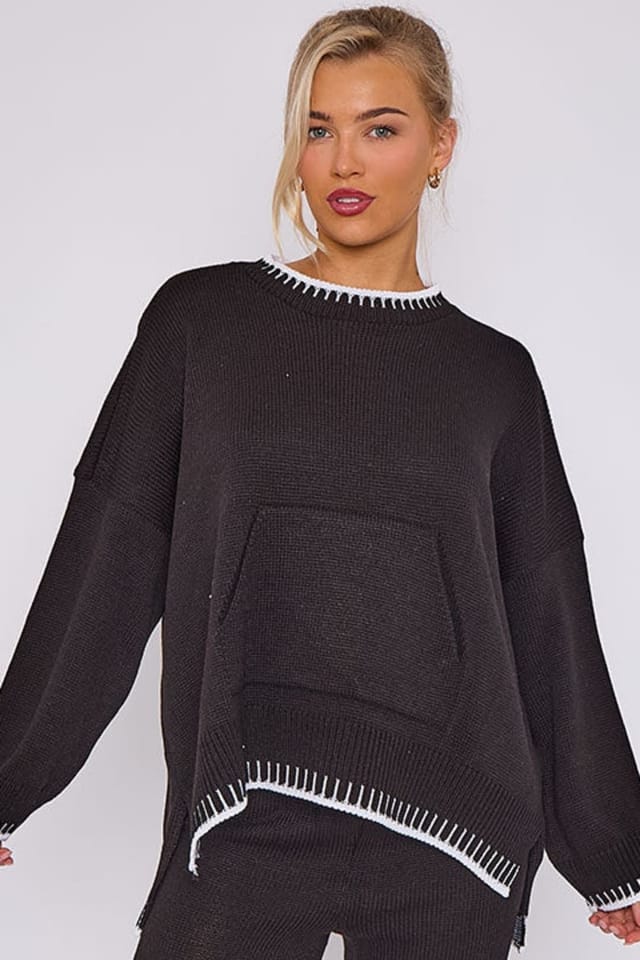 STYLEWISE STYLEWISE Women's Stitch Detail Oversized Knitted Co-ord in Black - 2