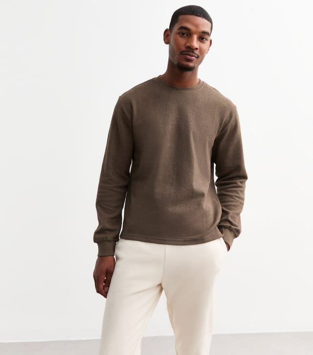 Only and Sons Men's Brown Regular Textured Cotton Blend Long Sleeve T-Shirt Only and Sons New Look - 2