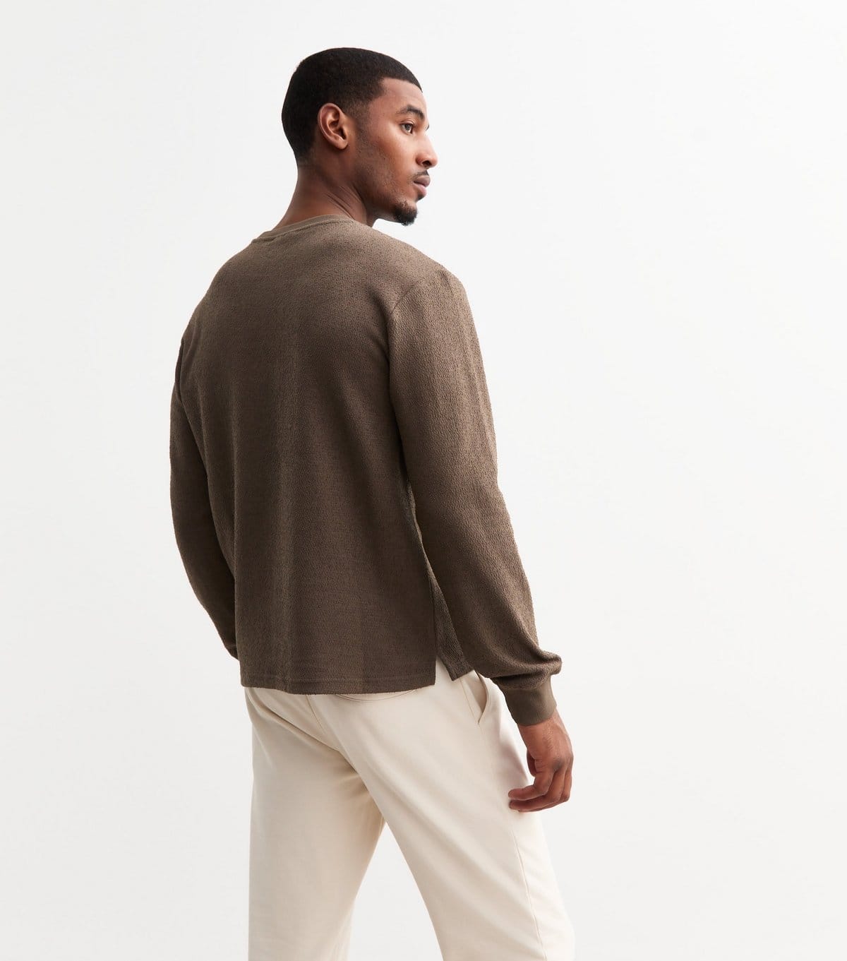 Only and Sons Men's Brown Regular Textured Cotton Blend Long Sleeve T-Shirt Only and Sons New Look - 4