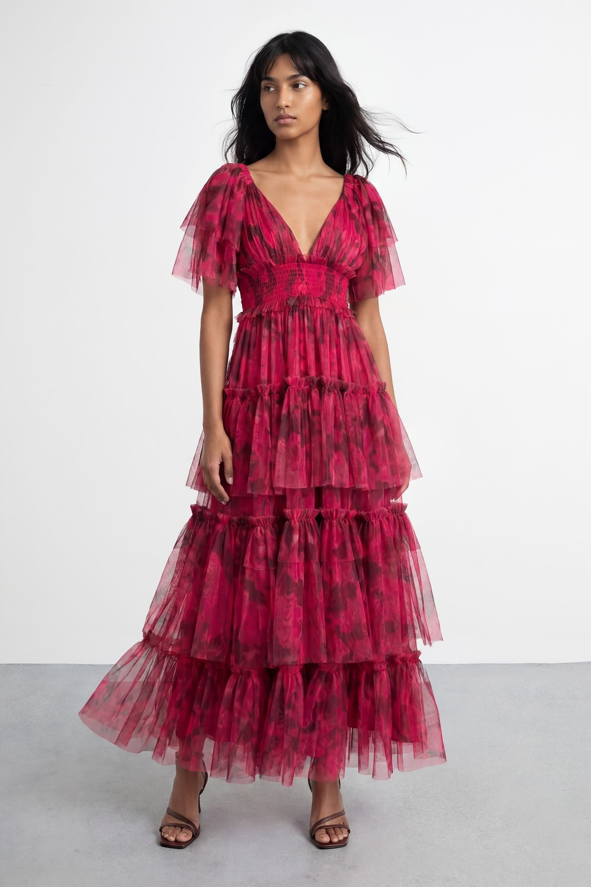 Warehouse Warehouse Women's Tulle Floral Plunge Neck Flutter Sleeve Tier Maxi Dress in Pink