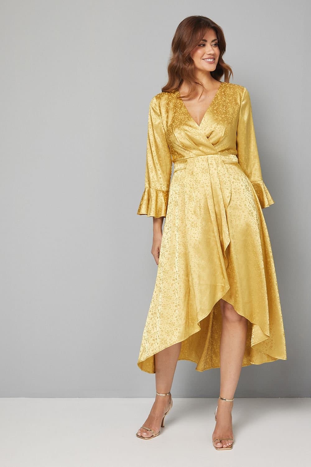 Wallis Wallis Women's Satin Jacquard Wrap Ruffle Dress in Mustard