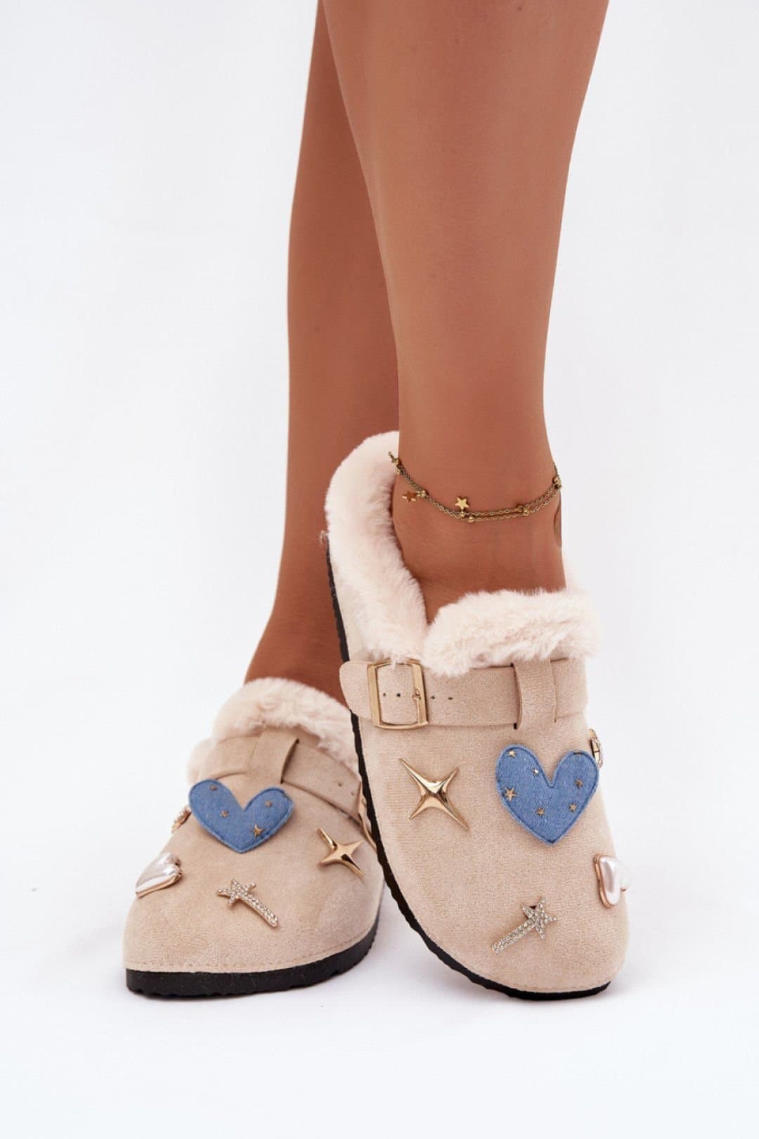 Love Lace Love Lace Women's Cozy Suede Fur Lined Home Slippers with Buckle Strap Pins in Beige