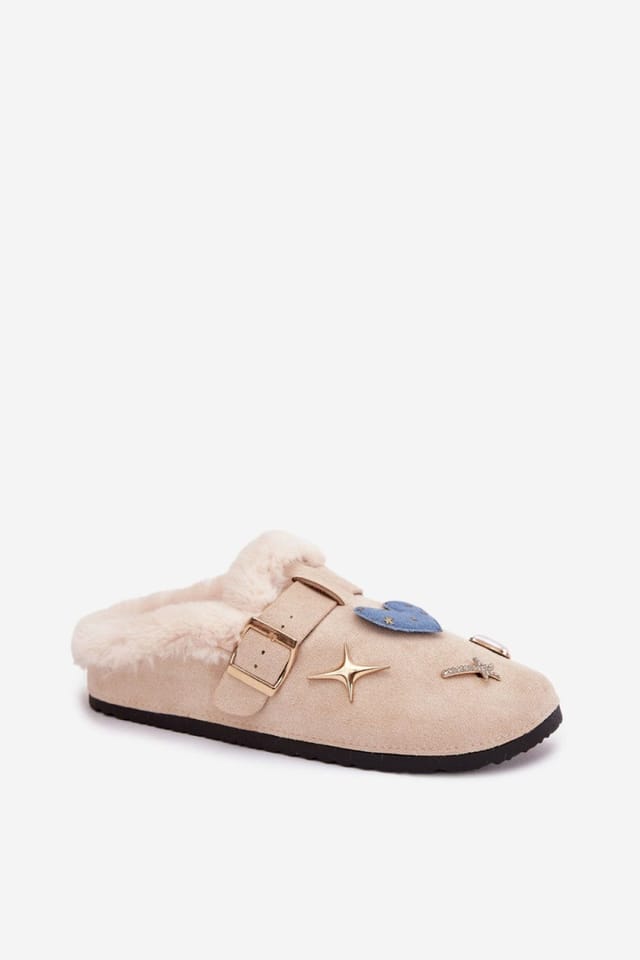 Love Lace Love Lace Women's Cozy Suede Fur Lined Home Slippers with Buckle Strap Pins in Beige - 2