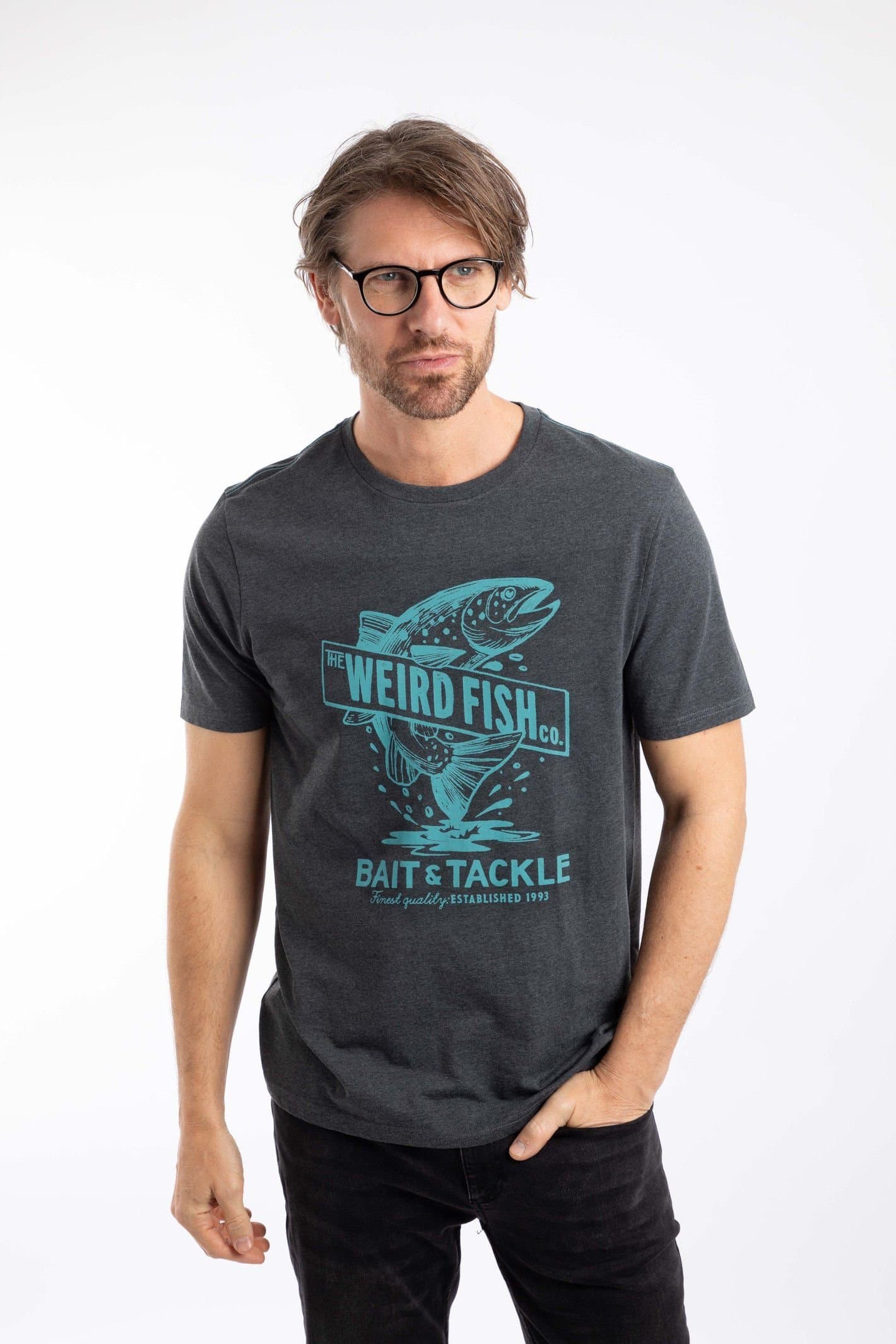 Weird Fish Weird Fish Men's Leaping Fish Front Print Graphic T-Shirt in Charcoal
