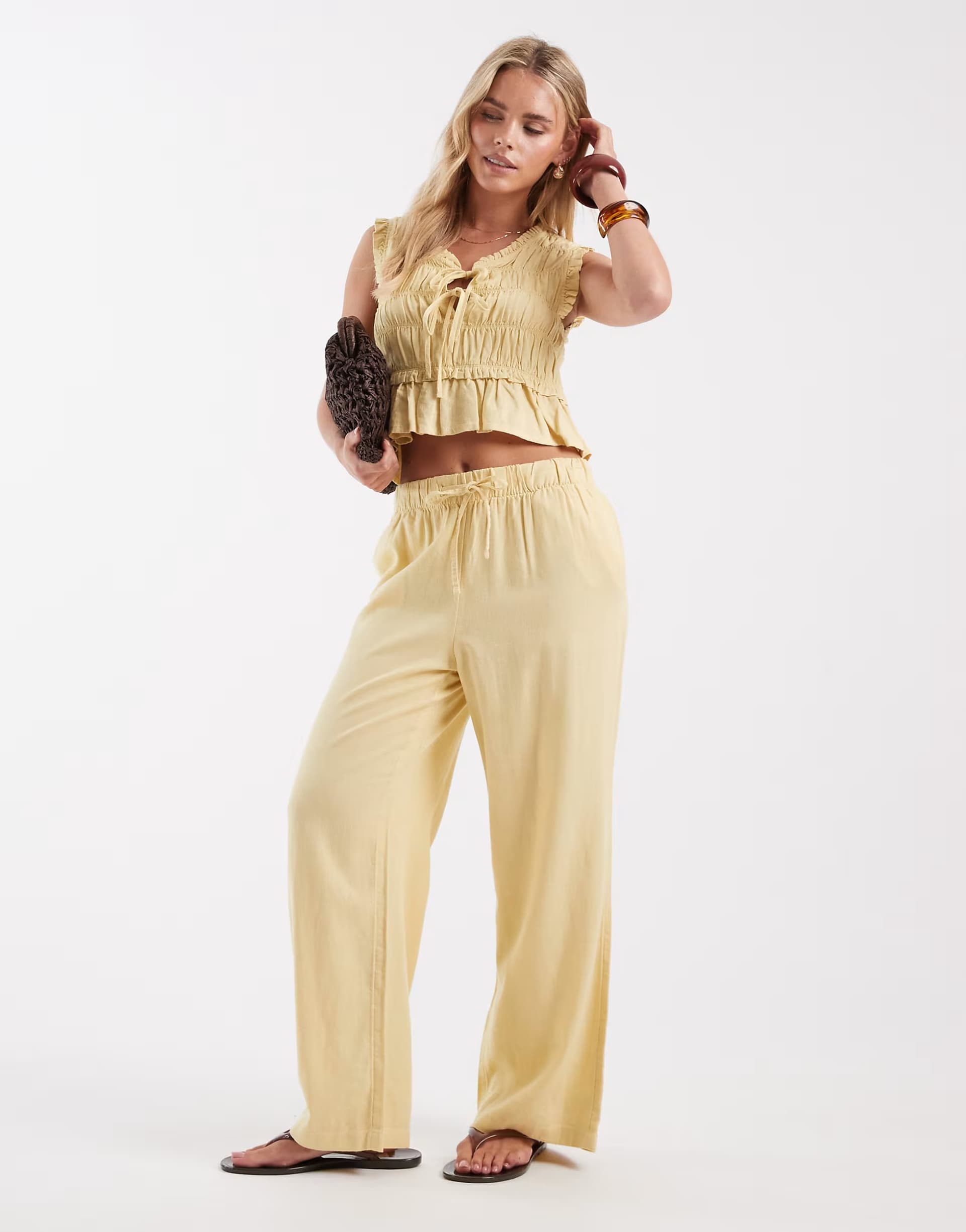 ASOS ONLY Petite linen blend tie front ruched top co-ord in pale yellow