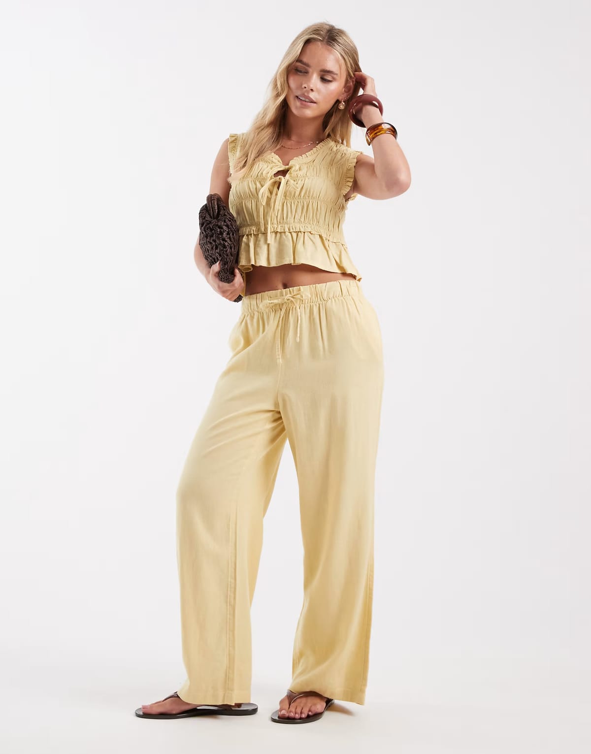ASOS ONLY Petite linen blend tie front ruched top co-ord in pale yellow - 1