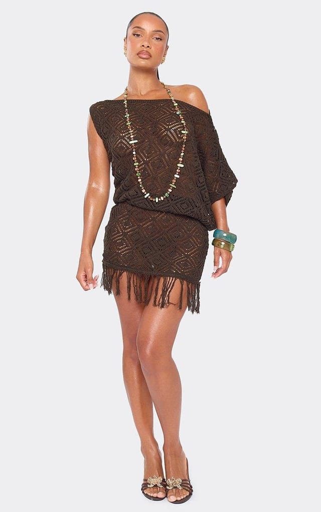 EGO Off The Shoulder Tassel Hem Mini Blouson Dress In Brown Crochet Knit, Women's Size UK L - 2