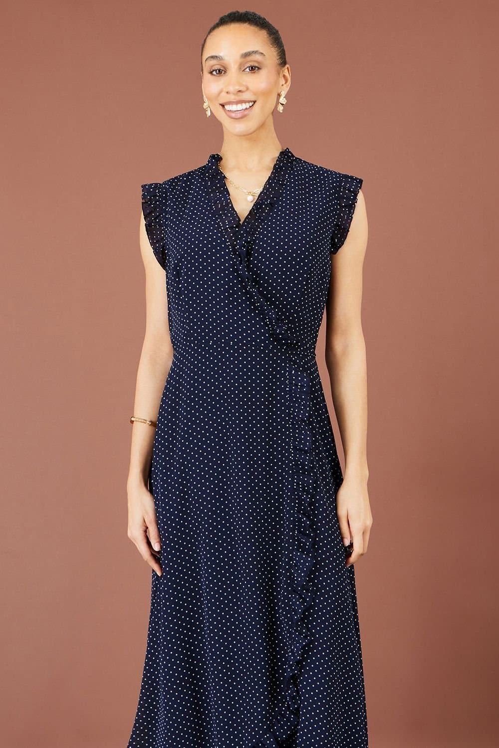 Yumi Yumi Women's Polka Dot Midi Wrap Frill Dress in Navy