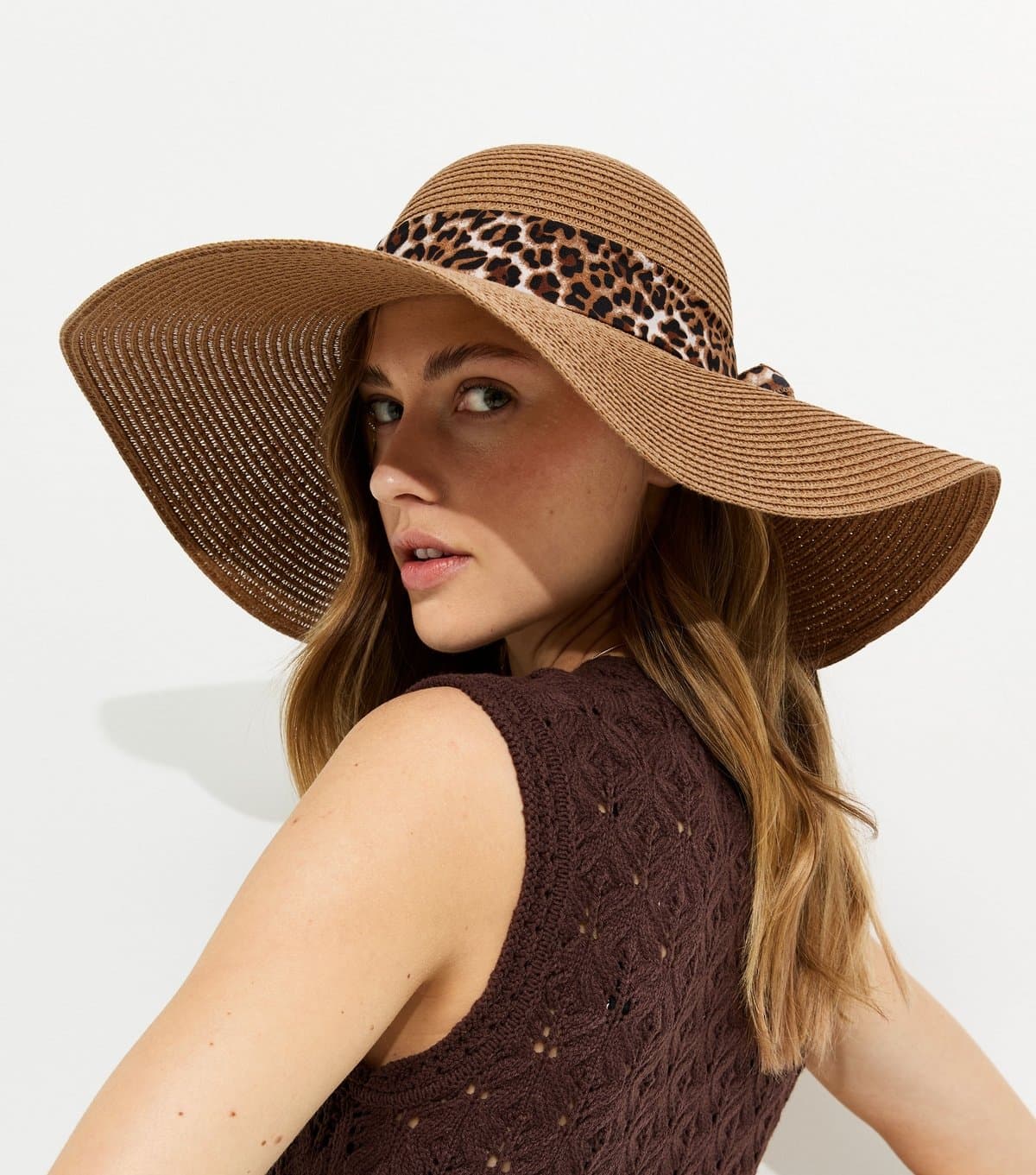 New Look New Look Tan Straw Leopard Trim Hat