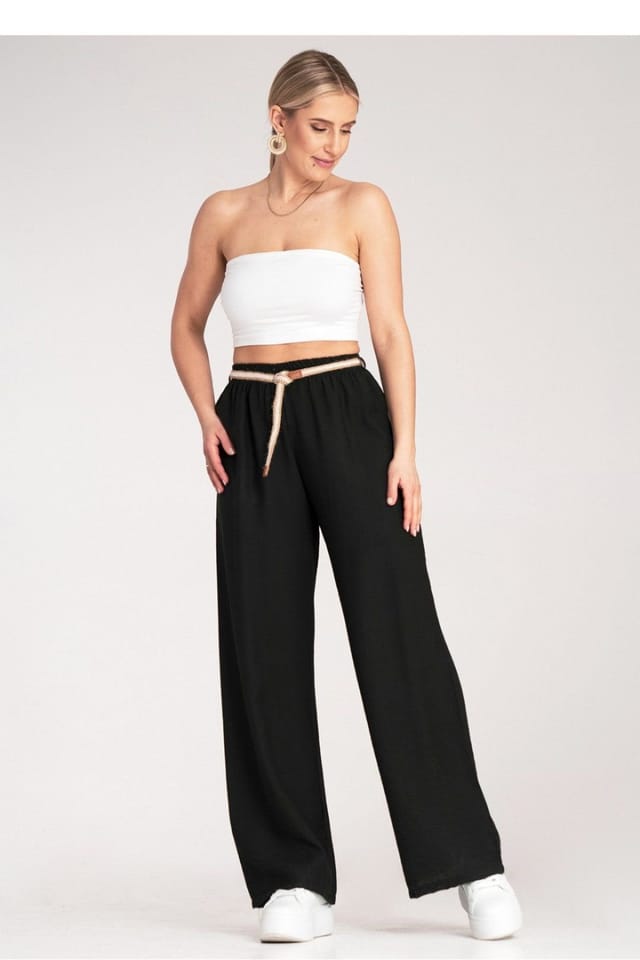 Love Lace Love Lace Women's Boho Elastic Waist Pants Woven Belt Natural in Black - 2
