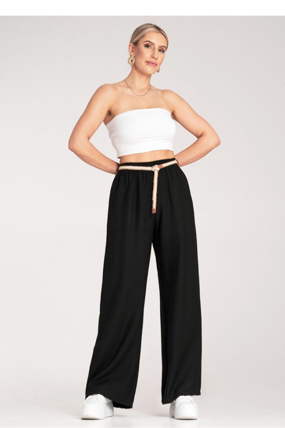 Love Lace Love Lace Women's Boho Elastic Waist Pants Woven Belt Natural in Black - 4