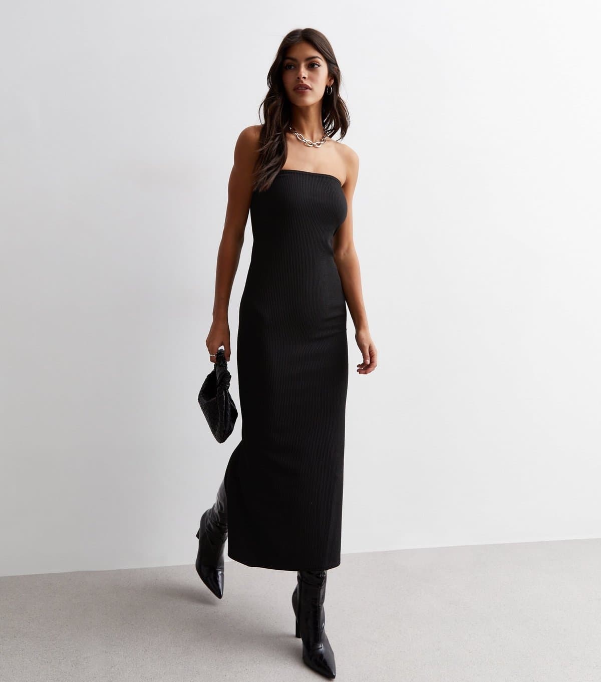 New Look Women's Black Ribbed Jersey Bandeau Midaxi Dress New Look