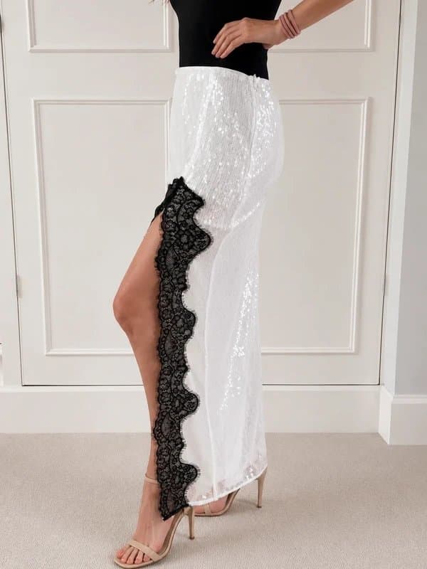 ASOS Design ASOS Design White Sequin Maxi Skirt / Black Lace Trim Sexy Thigh Split / BNWT / UK 12