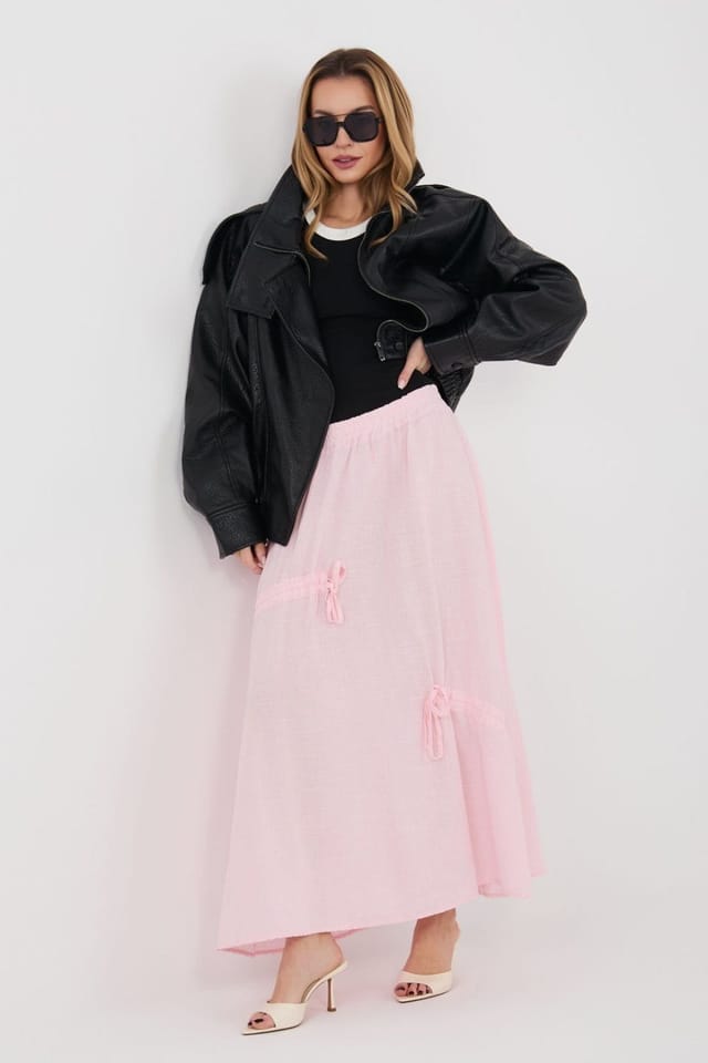 Love Lace Love Lace Women's Long Casual Elastic Waist Front Tie Skirt in Pink - 2