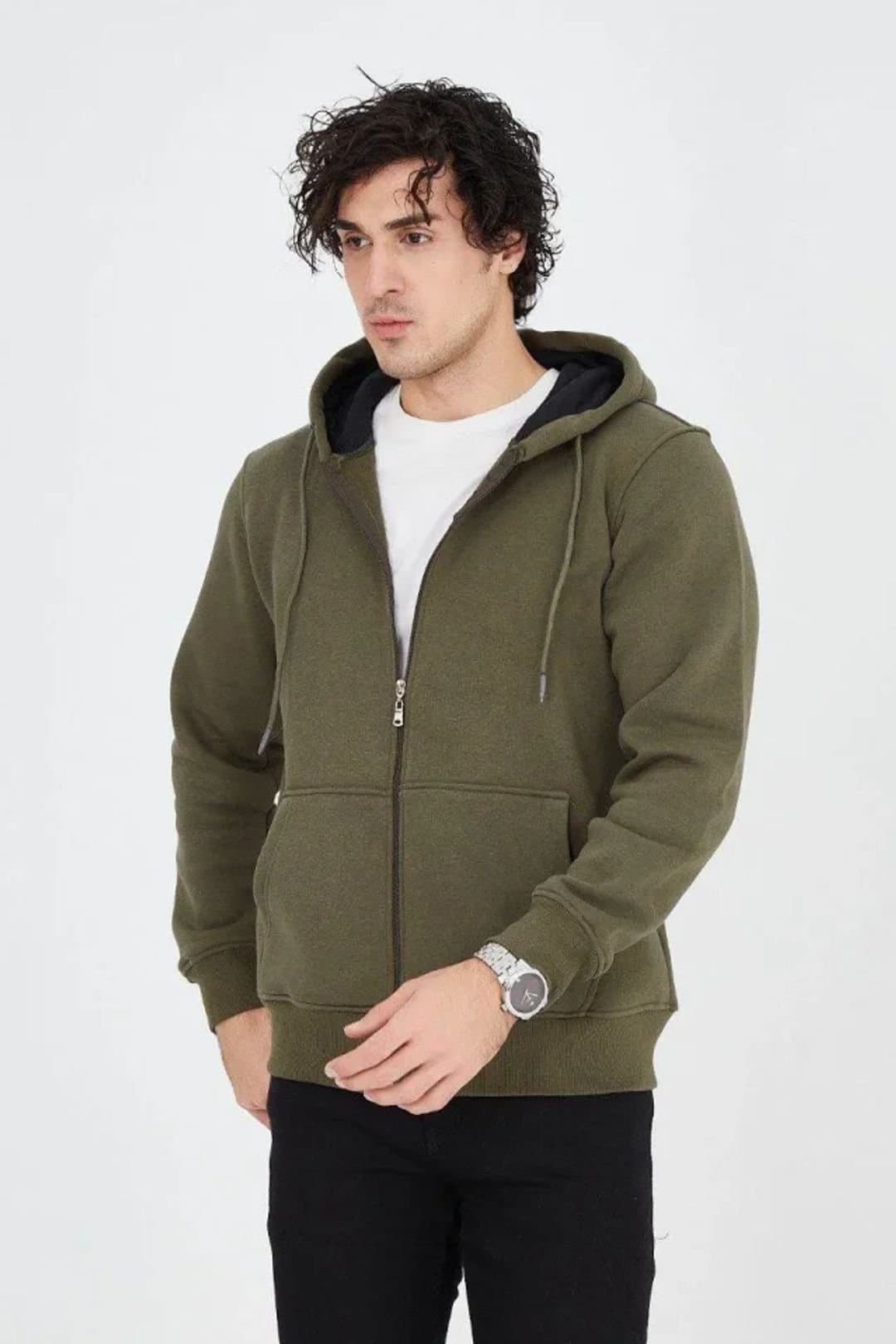 Janes Janes Men's Hooded Zipper Cardigan with Pocket in Green