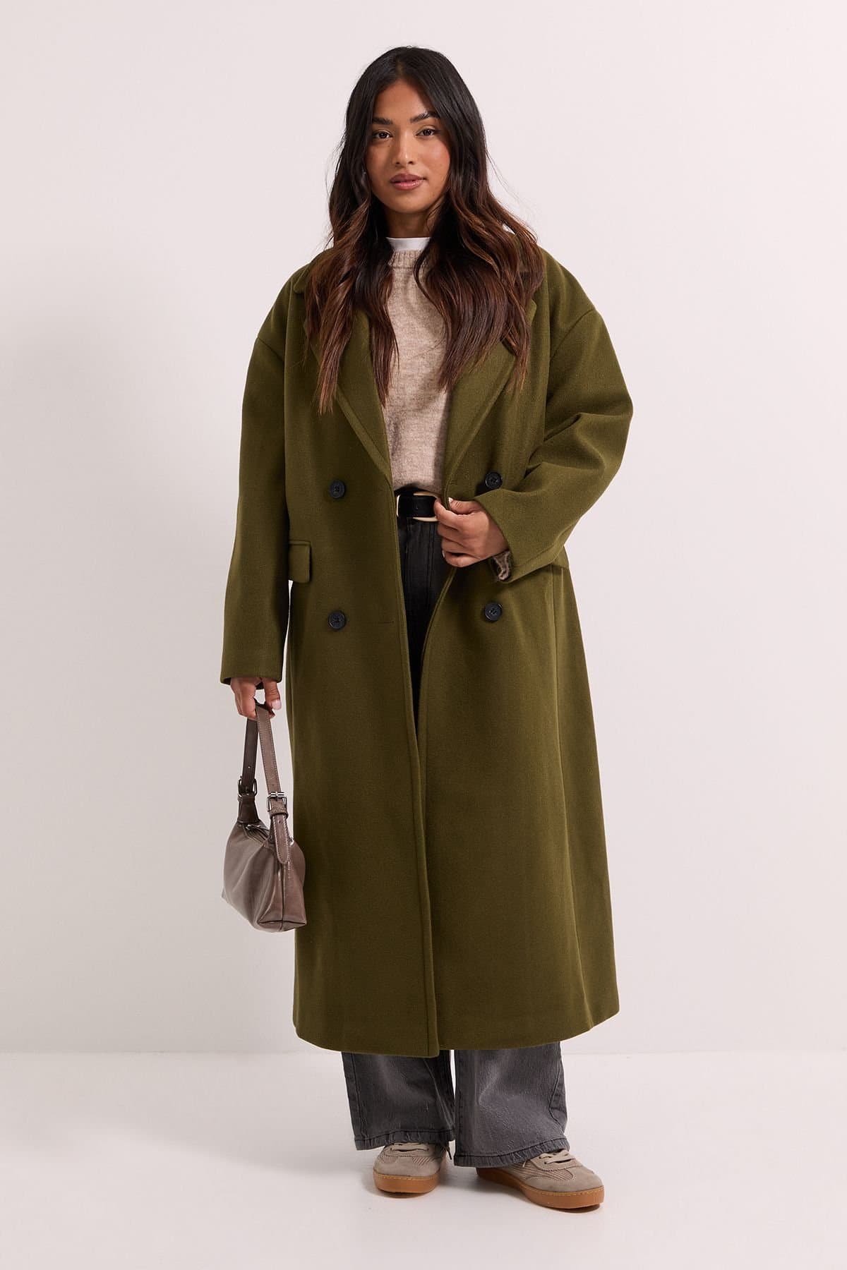 Dorothy Perkins Dorothy Perkins Women's Petite Relaxed Buttoned Midi Coat in Khaki