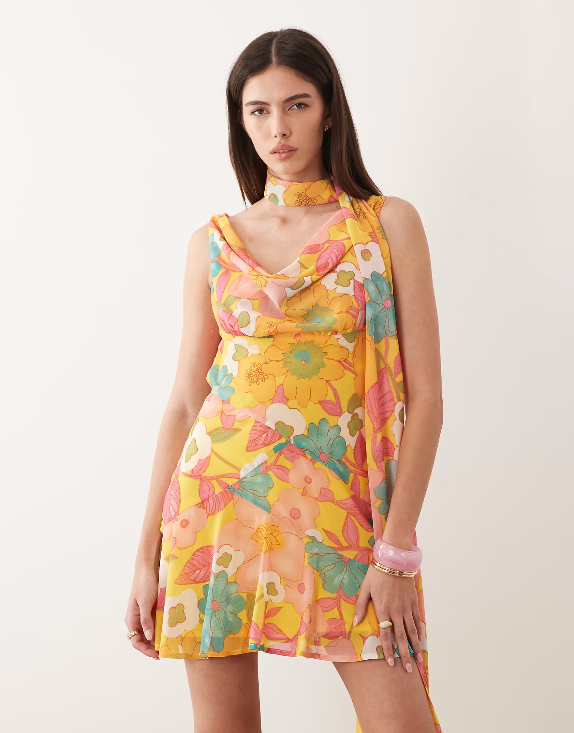 ASOS Yellow Floral Chiffon Cowl Neck Mini Dress