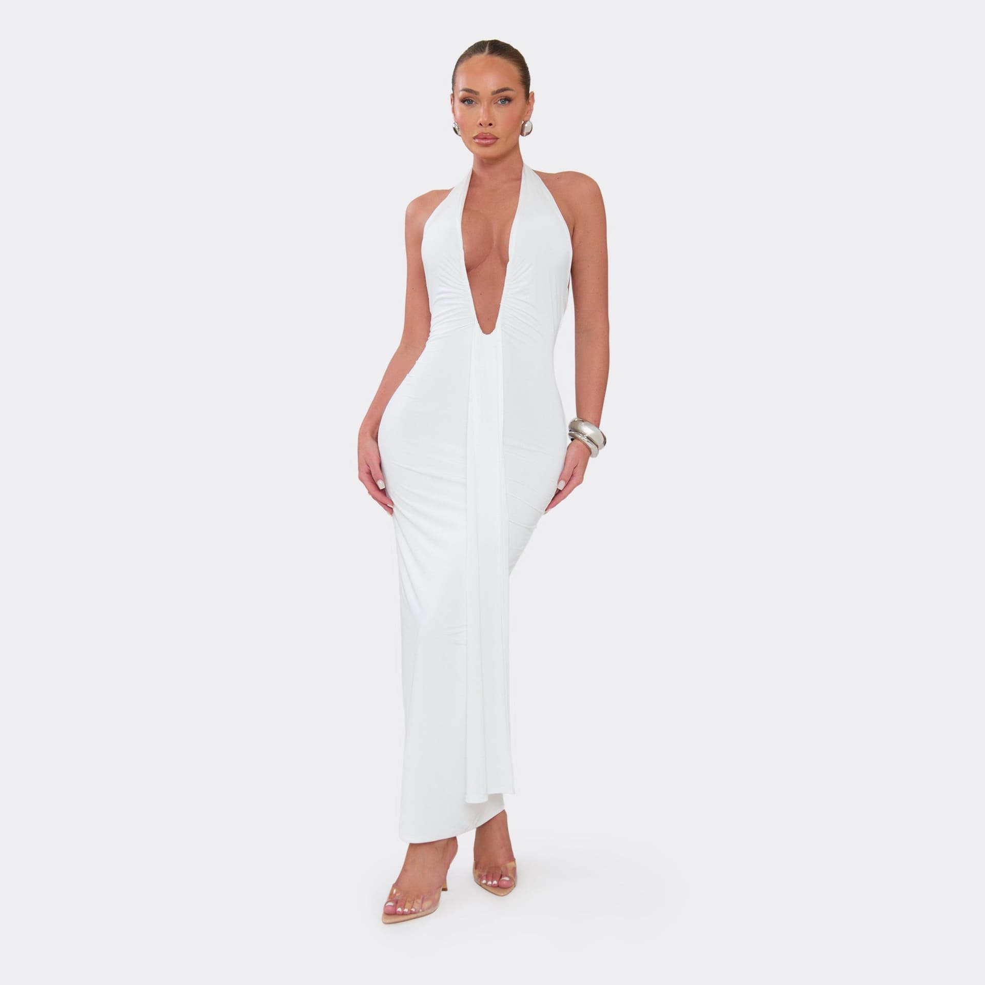 EGO Plunge Halterneck Draped Front Maxi Dress In White, Women's Size UK 6