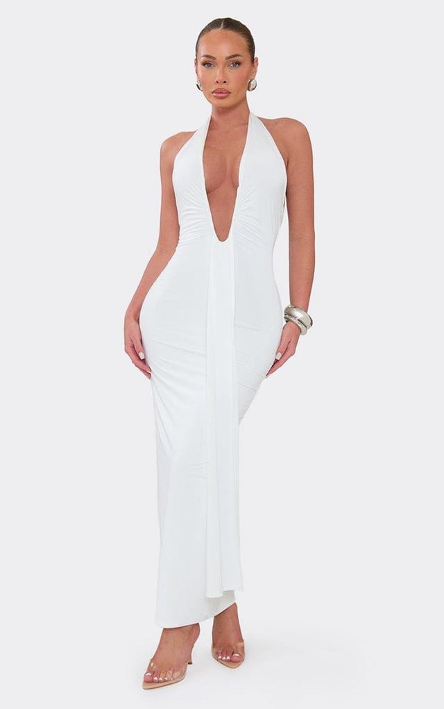 EGO Plunge Halterneck Draped Front Maxi Dress In White, Women's Size UK 6 - 2